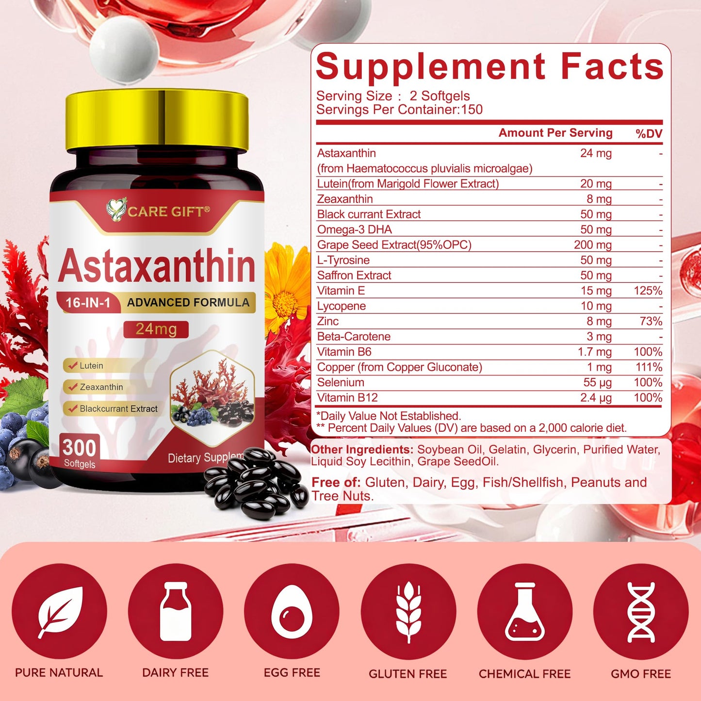 CARE GIFT Astaxanthin Supplements 24mg Softgels 300 Count