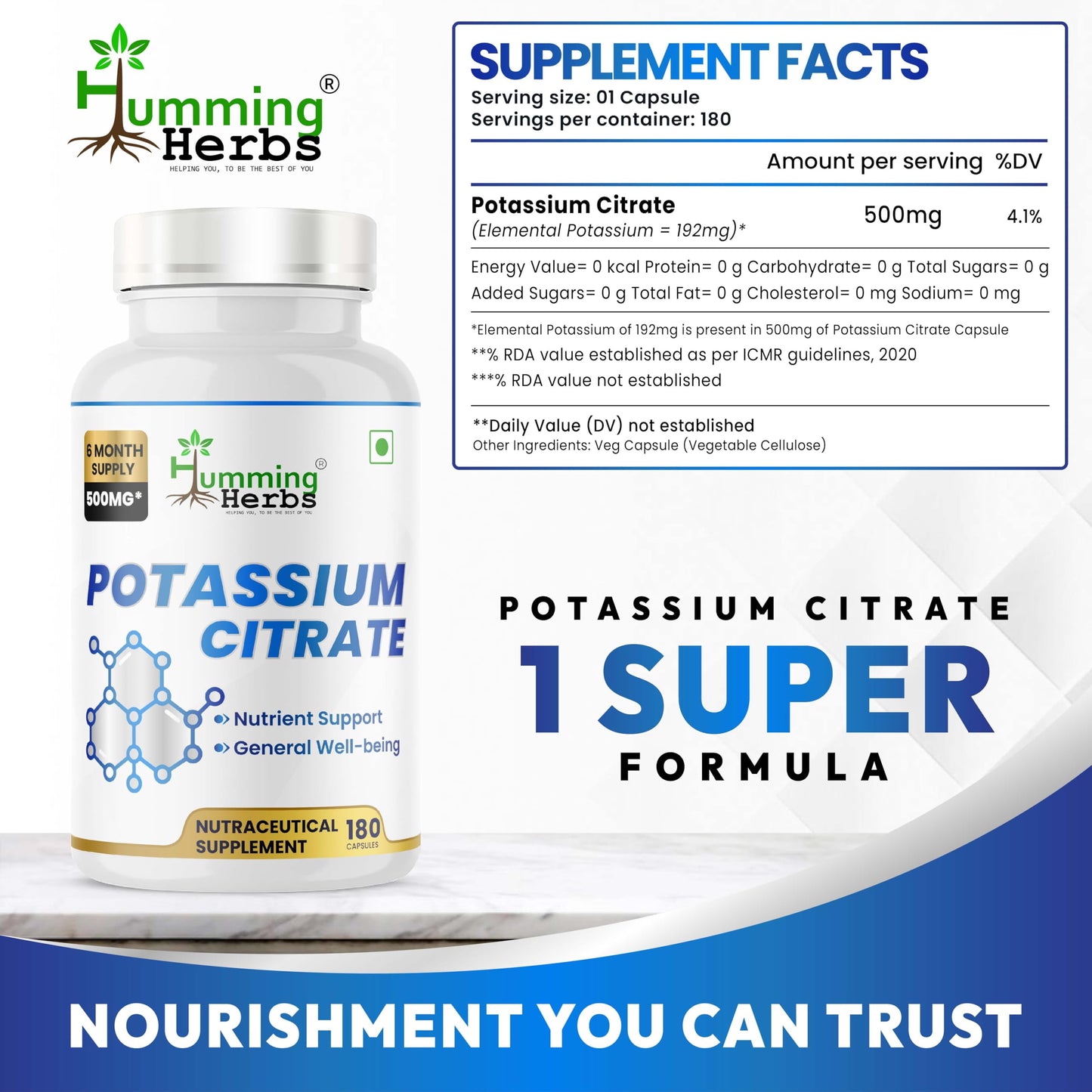 Humming Herbs Potassium Citrate 500mg, 180 Capsules