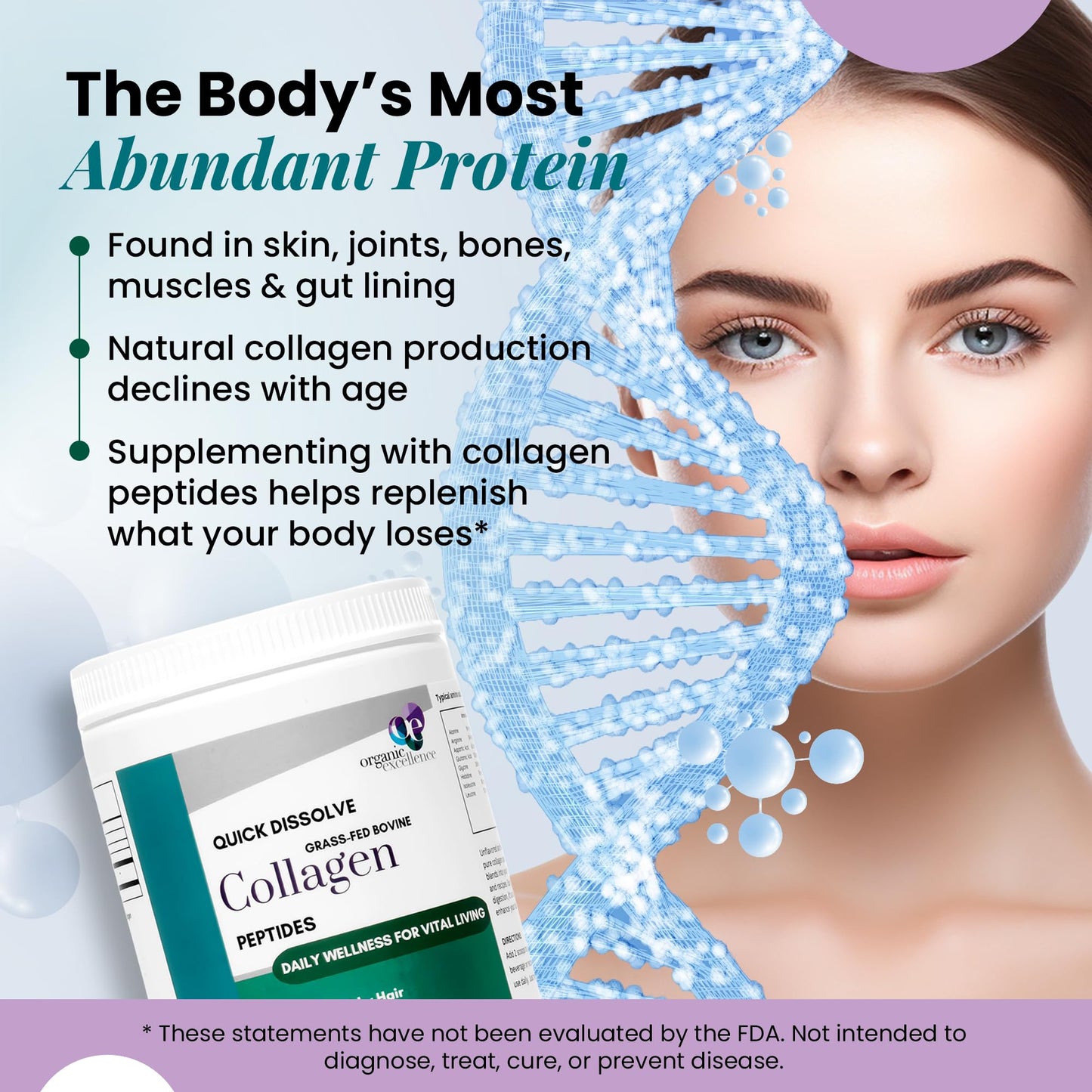 Organic Excellence Collagen Peptides Powder, Grass-Fed Bovine Unflavored Type I & III Hydrolyzed, 16 oz