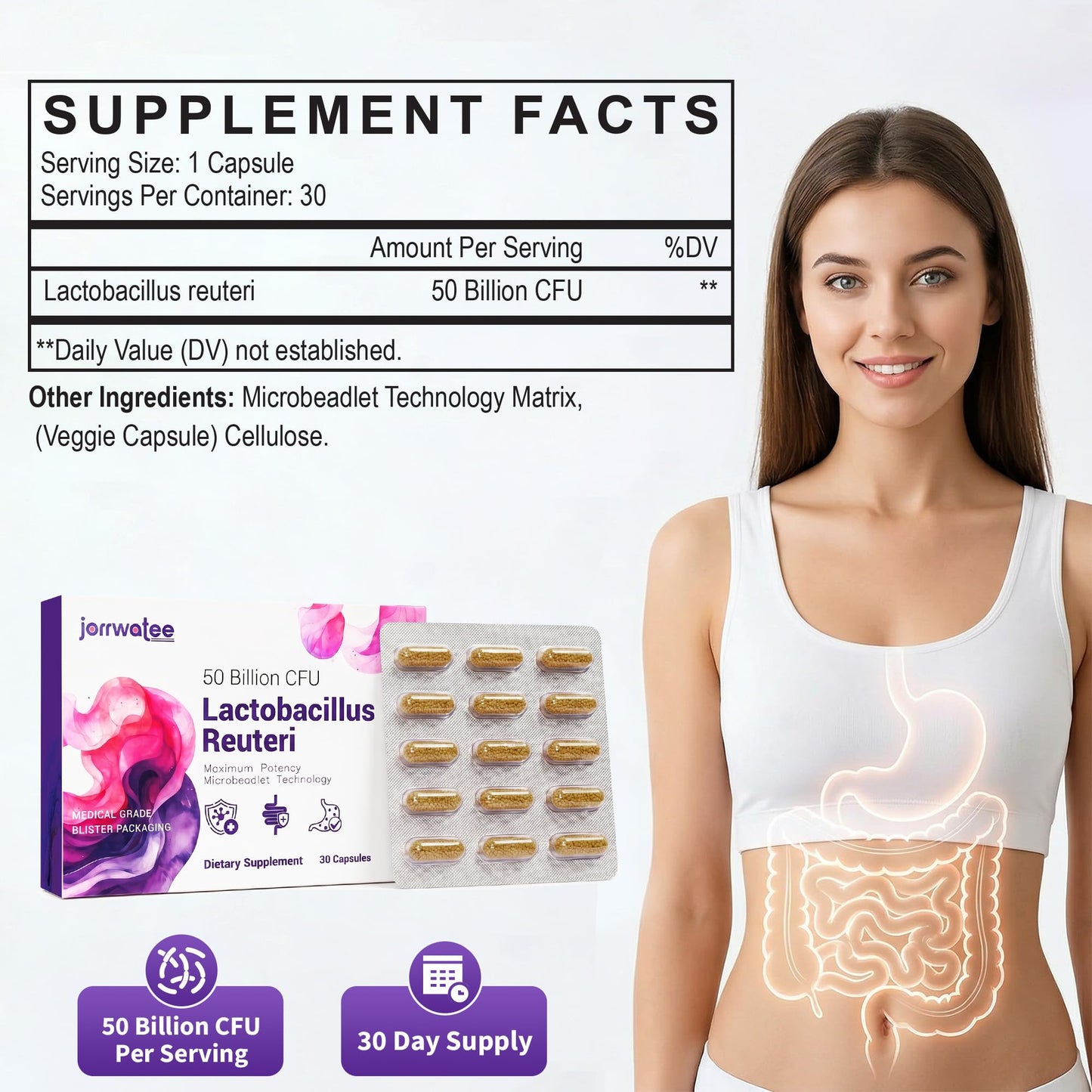 Jorrwatee Lactobacillus Reuteri 50 Billion CFU Capsule, 210 Count