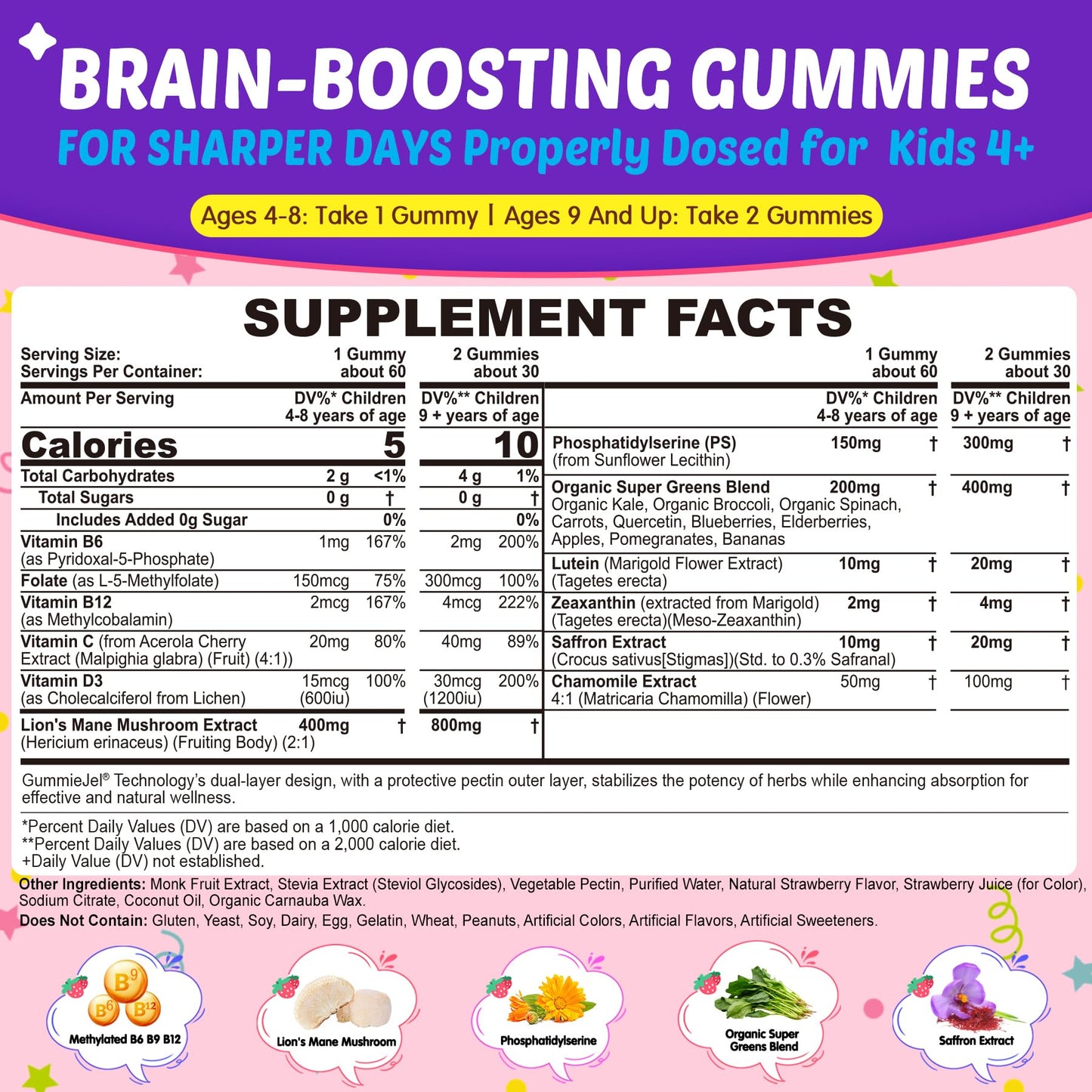 Nextdia Kid Focus Gummies with Lion's Mane – Methyl B6, B9, B12 + Super Greens, Focus & Attention, Cognitive Function & Energy & Vision Support, 59 Gummies