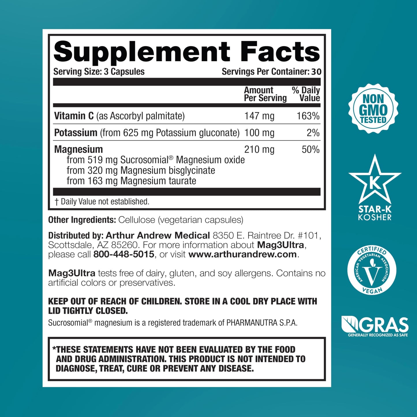 Arthur Andrew Medical Mag3Ultra Triple Magnesium Supplement, 90 Capsules