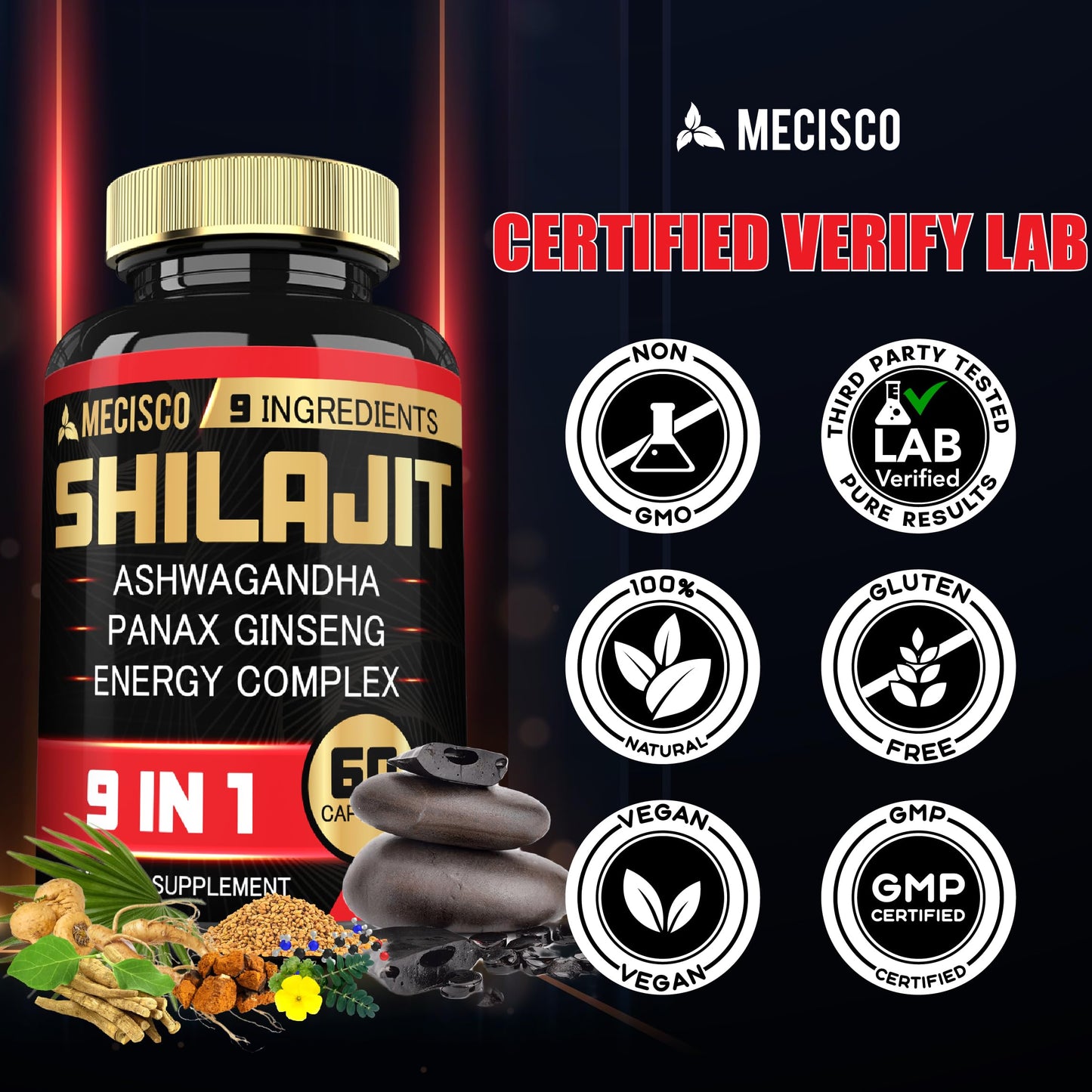 Mecisco Shilajit Supplement with Ashwagandha Root, Panax Ginseng, L-Arginine, Chaga & More Capsules 60 Count