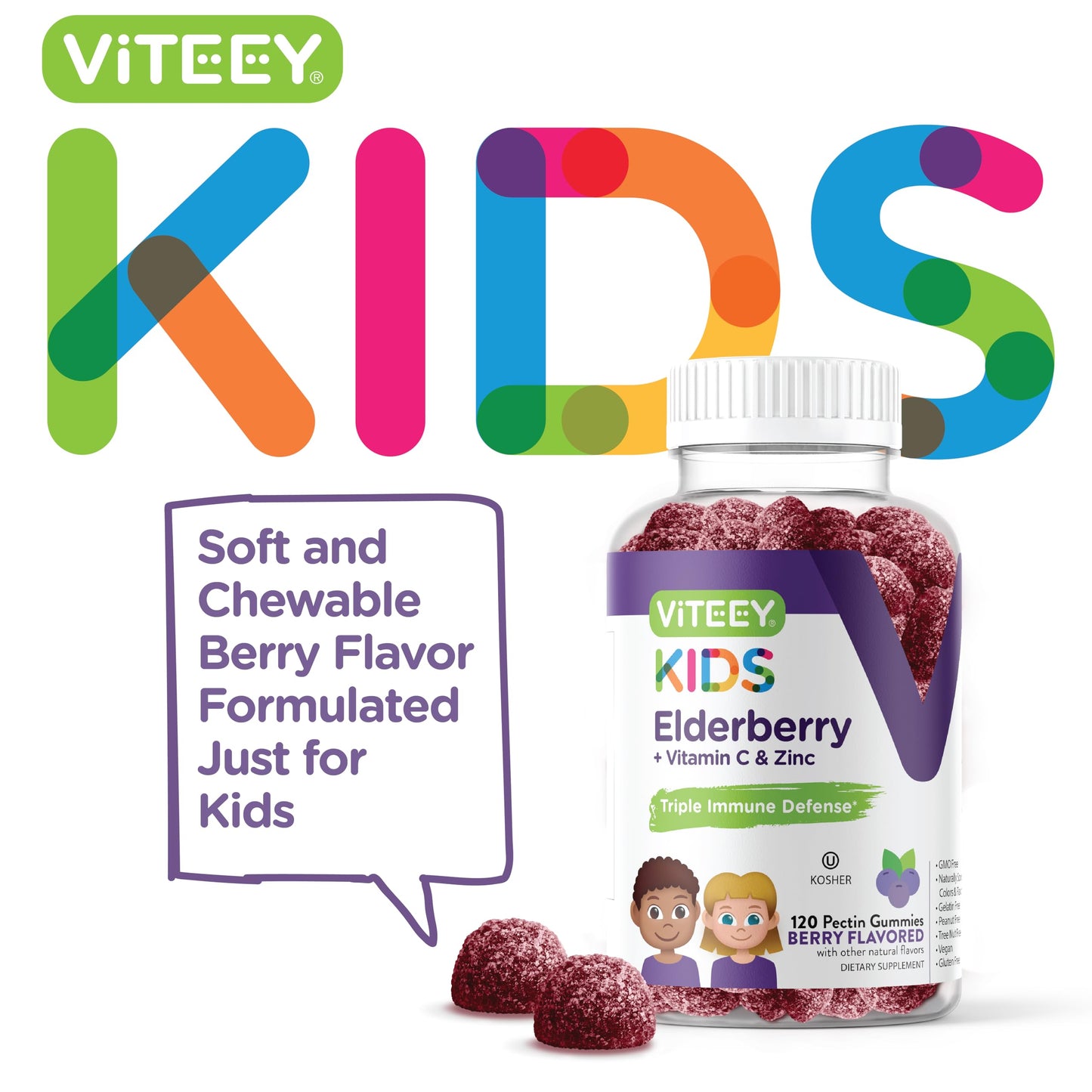 Viteey Sambucus Elderberry Gummies for Kids with Zinc & Vitamin C, 120 Gummies