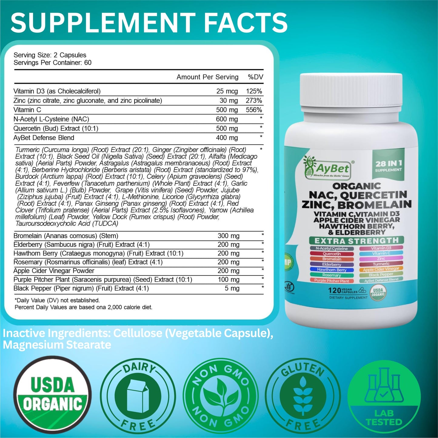 AyBet NAC Quercetin Zinc Bromelain Supplement Capsules 120