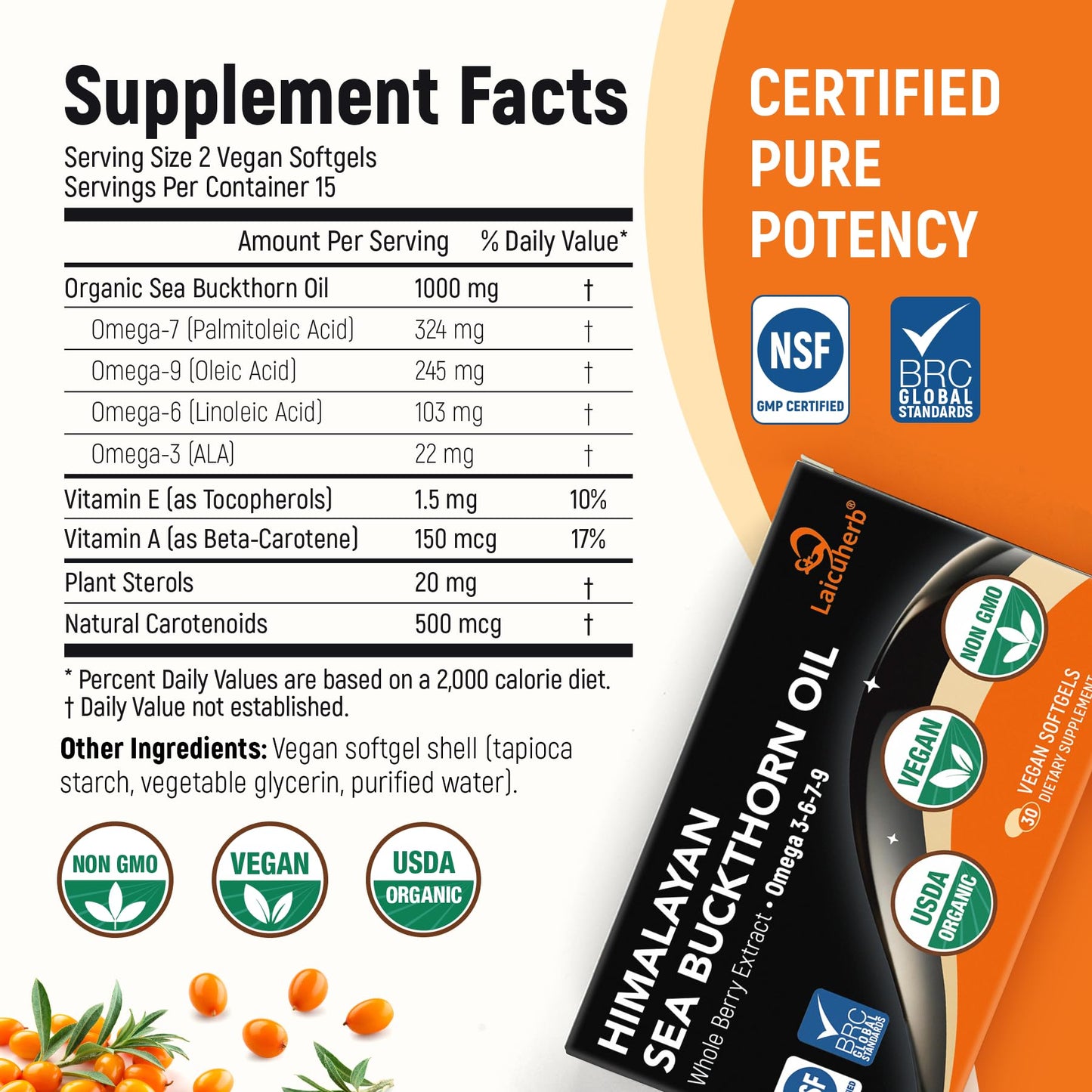 Laicuherb Sea Buckthorn Oil Capsules for Skin, Immune & Hair, 1000mg per Serving, Omega 7-3-6-9, 30 Capsules