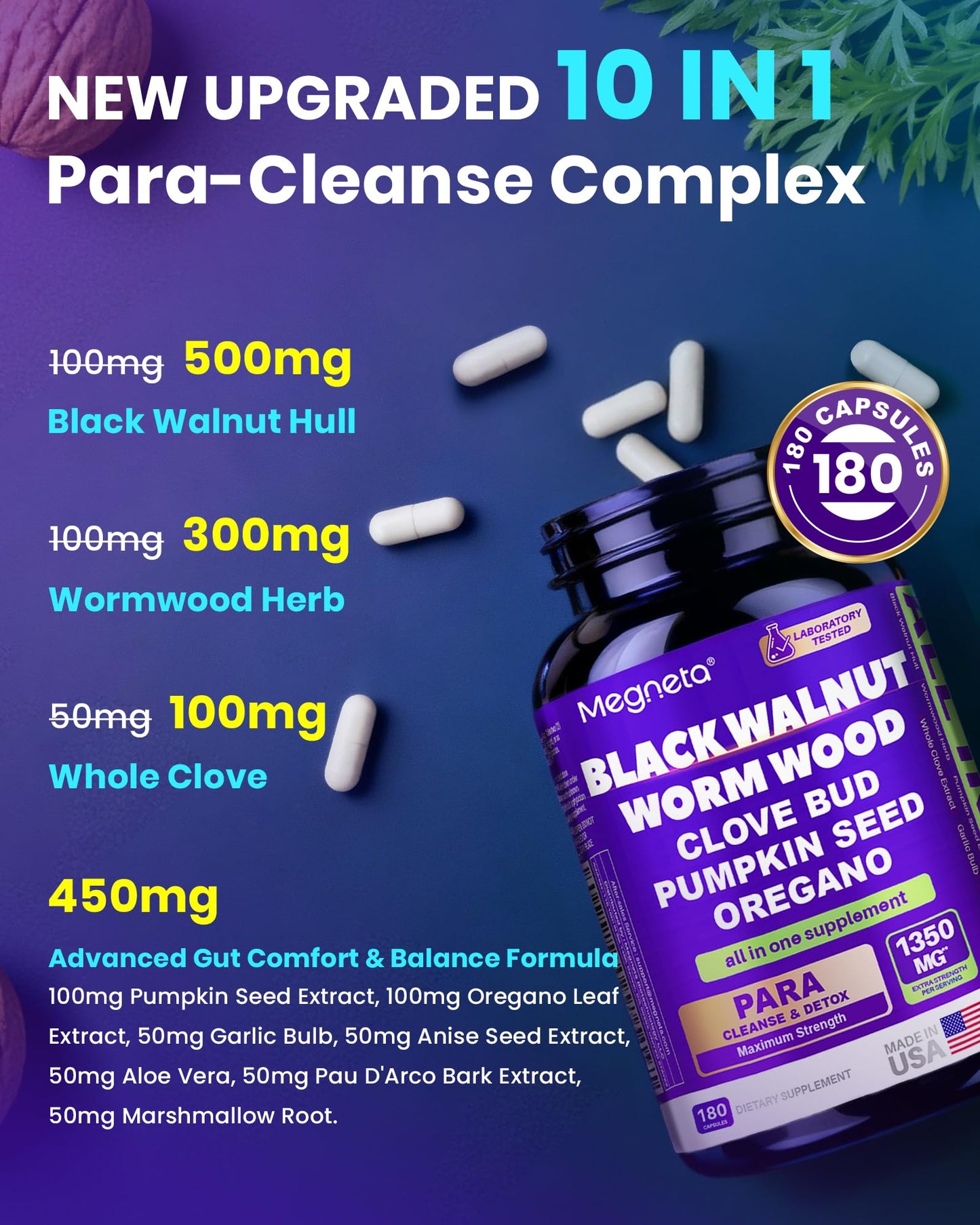 MEGNETA Wormwood Black Walnut Clove Cleanse, 180 Capsules