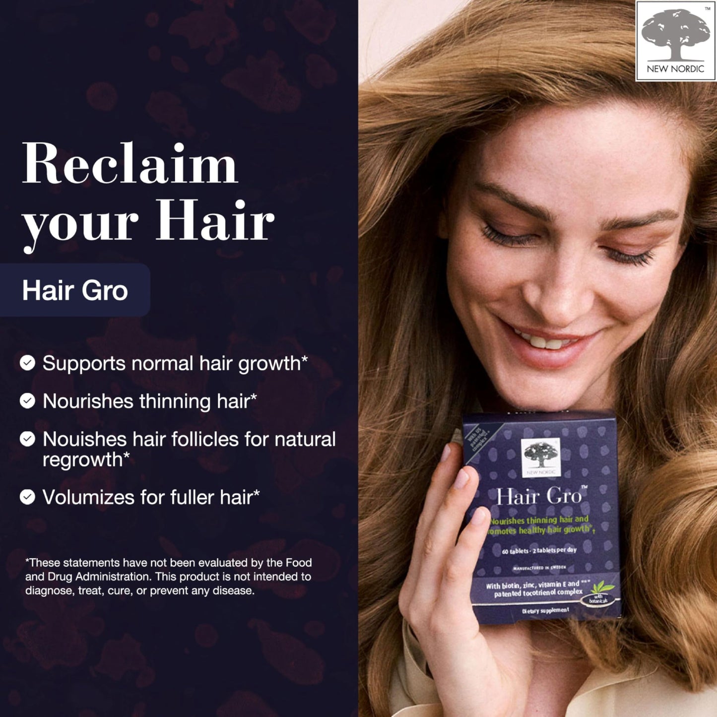 NEW NORDIC Hair GRO Hair Growth Supplement Biotin & Palm Fruit Extract Tocotrienols for Natural Regrowth 180 Tablets