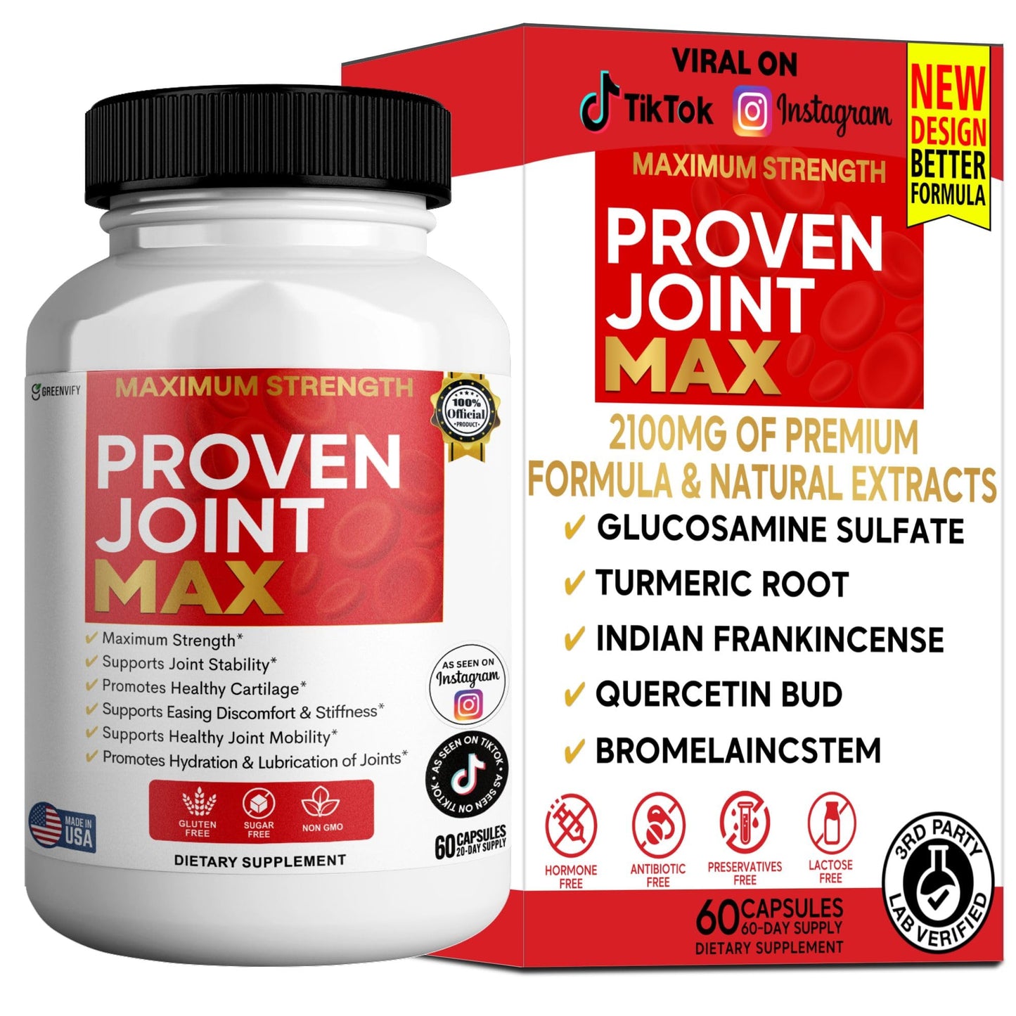 GREENVIFY Maximum Strength Joint Max Glucosamine Chondroitin Complex for Mobility 60 Capsules