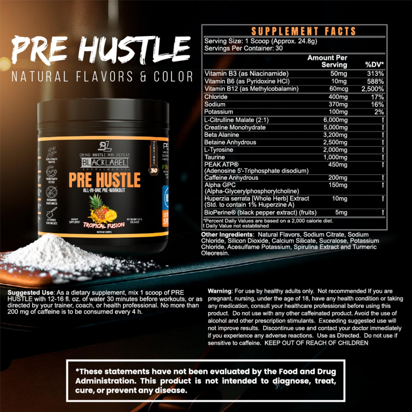 BLACKLABEL Supplements Blacklabel PRE Hustle V3 NSF Certified for Sport Pre-Workout Powder 26.24 oz