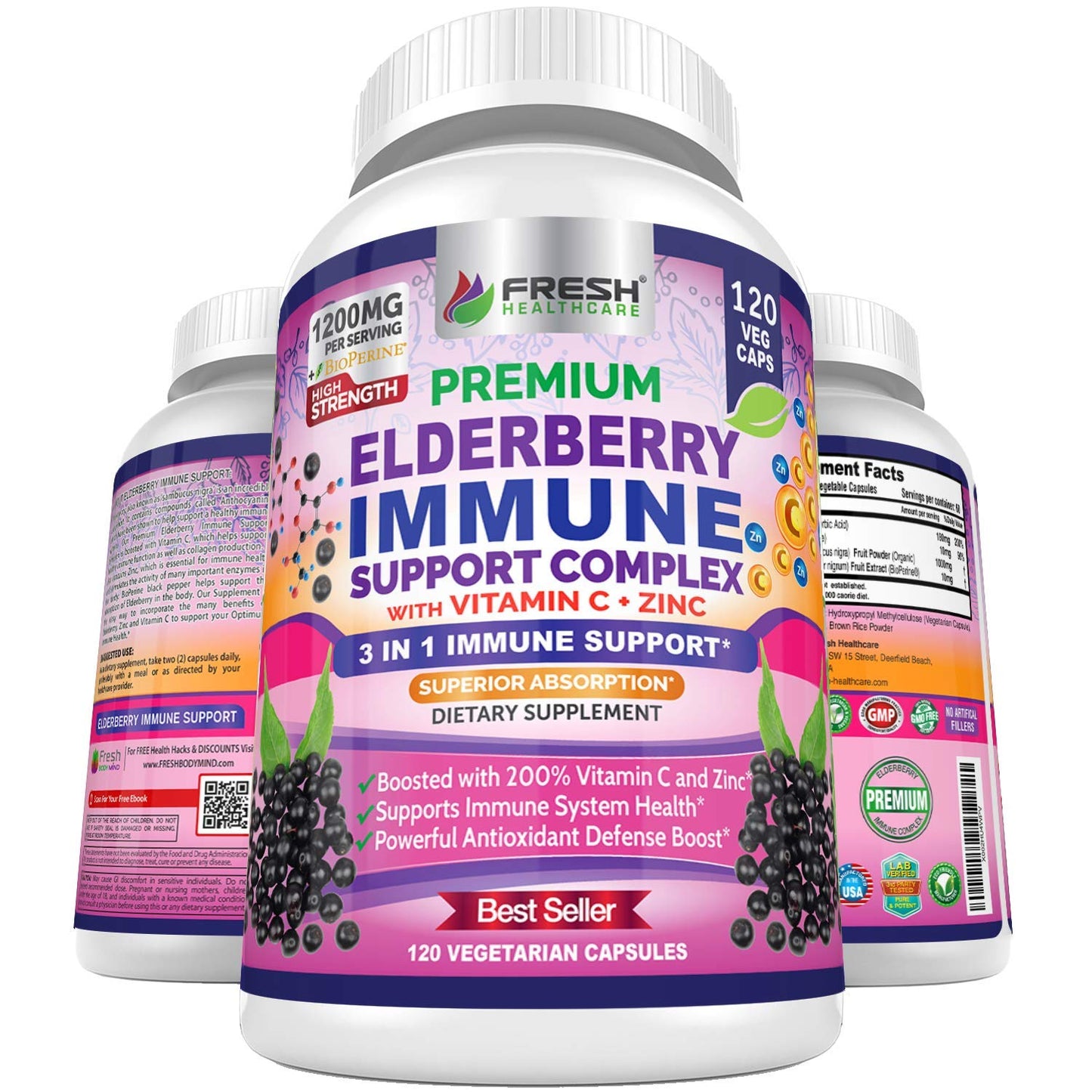 FRESH HEALTHCARE Elderberry Capsules High Potency Black Elderberry with Zinc & Vitamin C, 120 Capsules