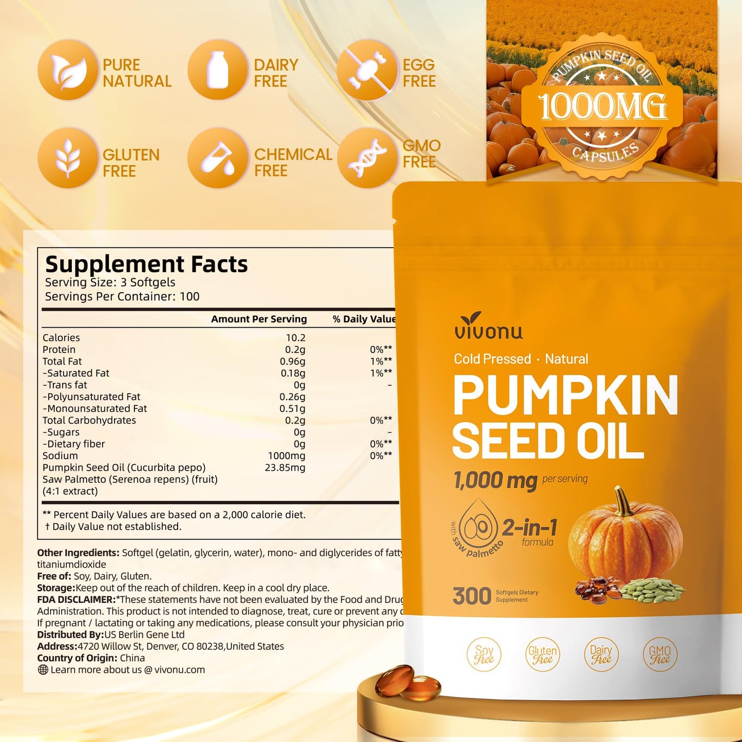 VivoNu Pumpkin Seed Oil with Saw Palmetto Softgels 300 Count