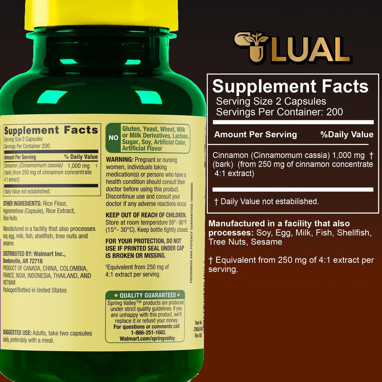LUAL Cinnamon Supplement 1000mg Capsules, 400 Count