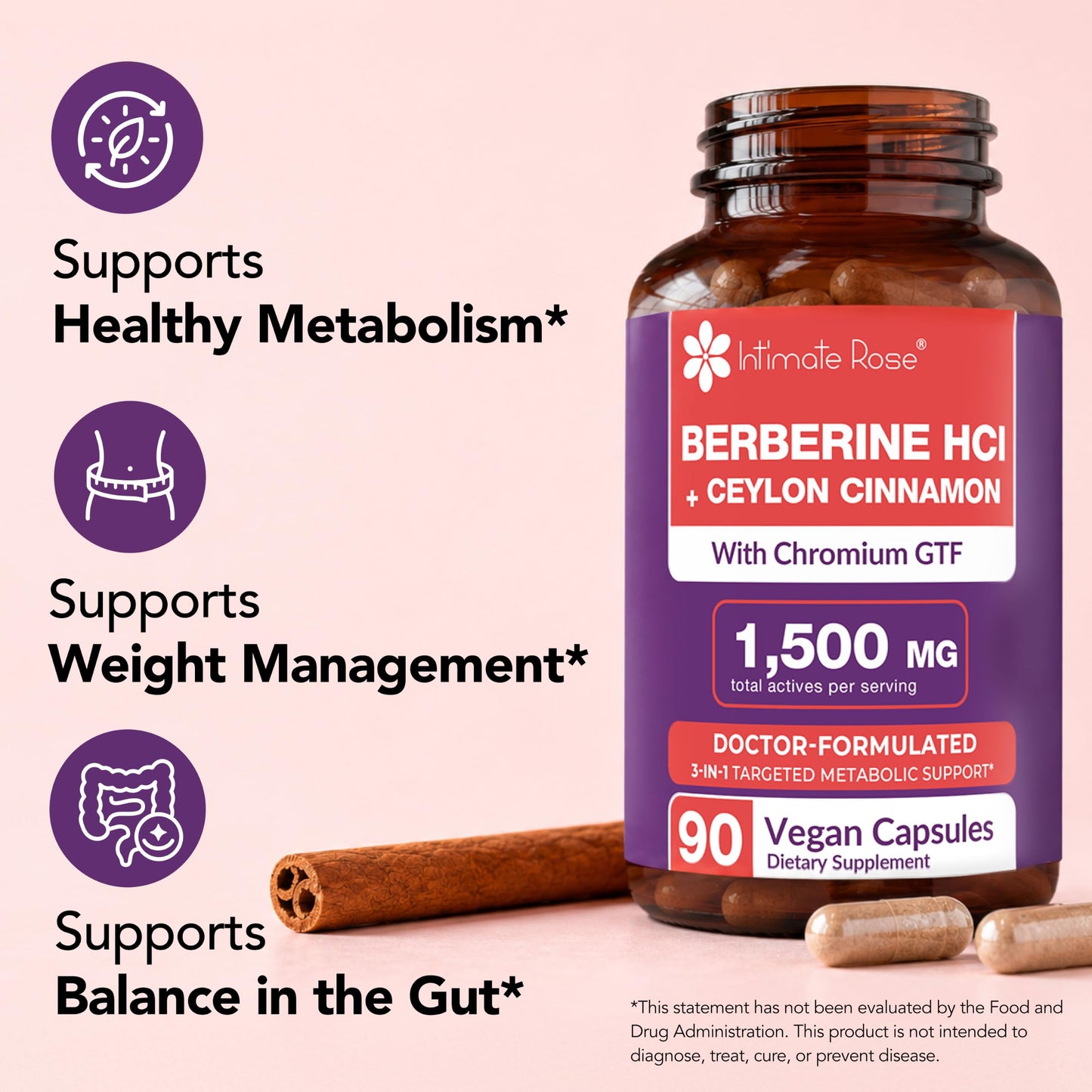 Intimate Rose Berberine Supplement 3-in-1 Complex, 90 Capsules