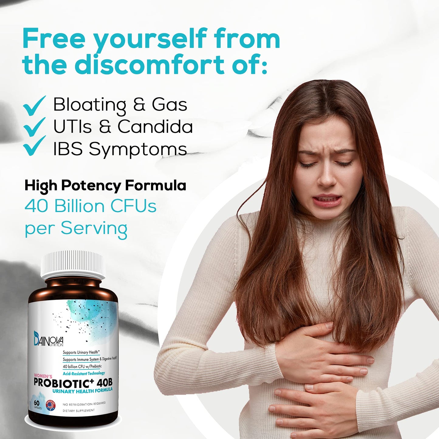 Dainova Nutrition Probiotics for Women Vaginal Health, Urinary Tract Health & Yeast Infection, 40 Billion CFU with Prebiotics, 60 Capsules