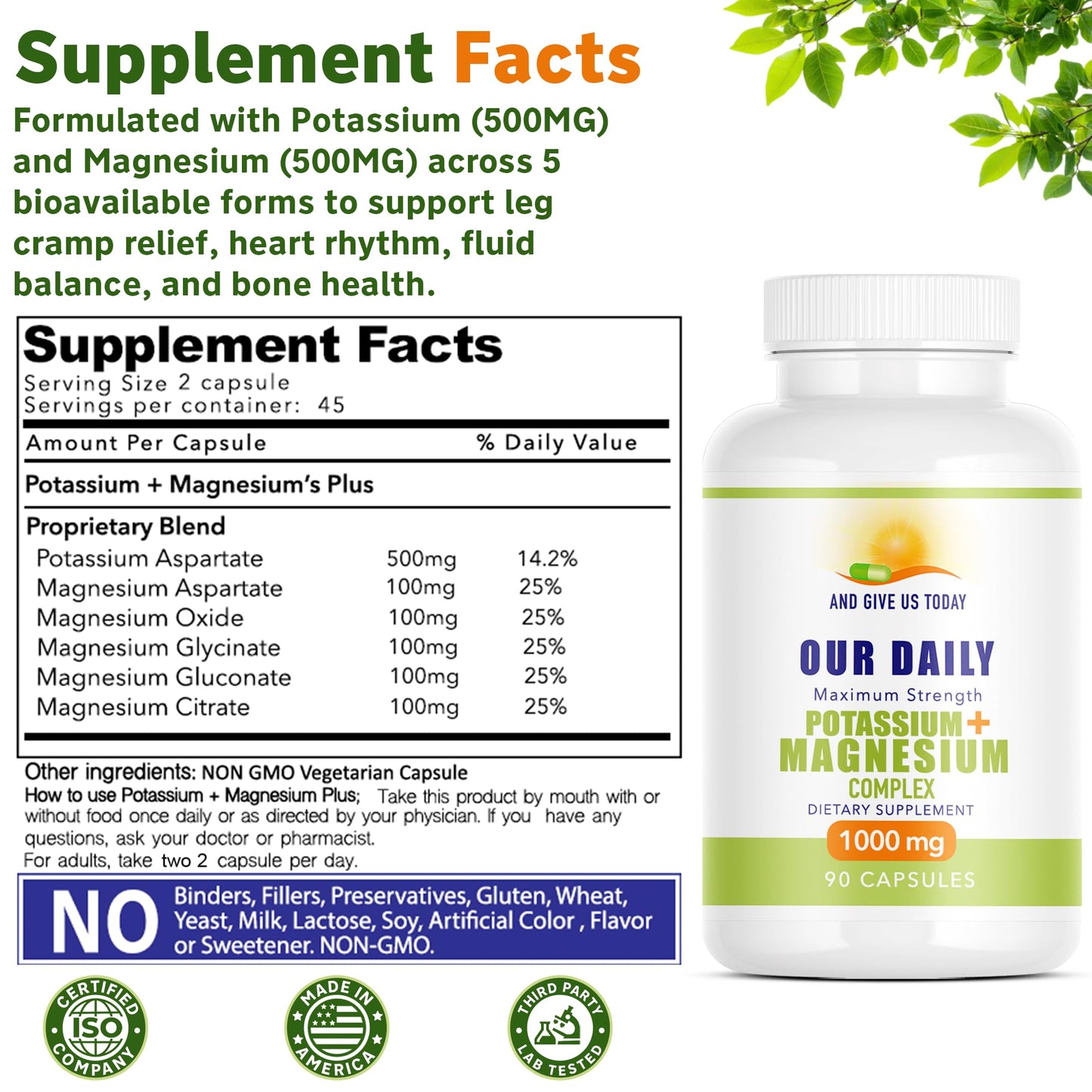 AND GIVE US TODAY OUR DAILY Daily Vites Potassium Magnesium Supplement 1000mg – Potassium 500mg & Magnesium 500mg – Magnesium Aspartate, Glycinate, Oxide, Gluconate & Citrate – Muscle, Heart & Electrolyte Support Capsules 90 Count