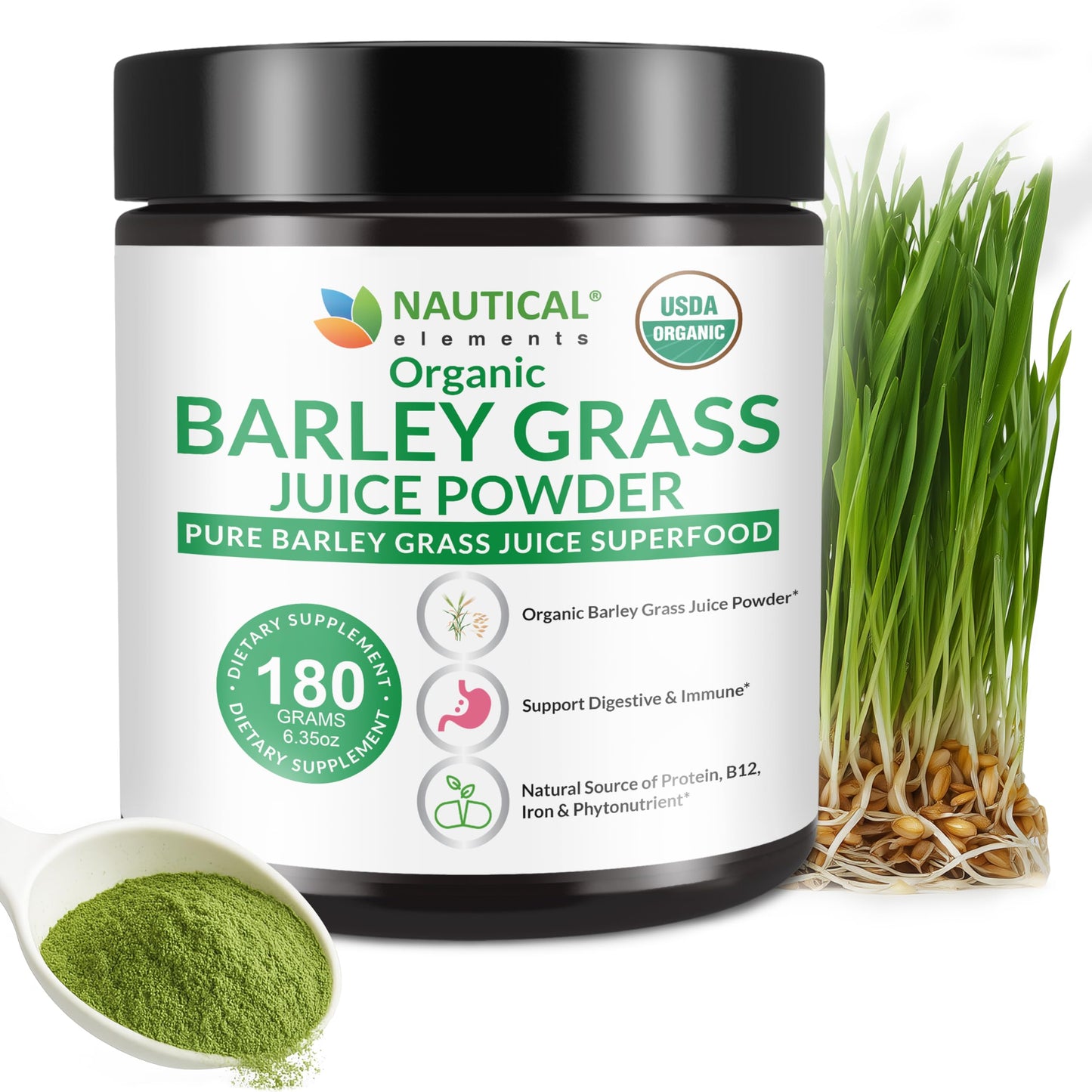 Nautical Elements Barley Grass Juice Powder Organic – Sourced from Utah’s Mineral-Rich Soil, Nutrient-Dense Barley Grass Powder – Raw & Cold-Processed Superfood, High Chlorophyll, 6.35