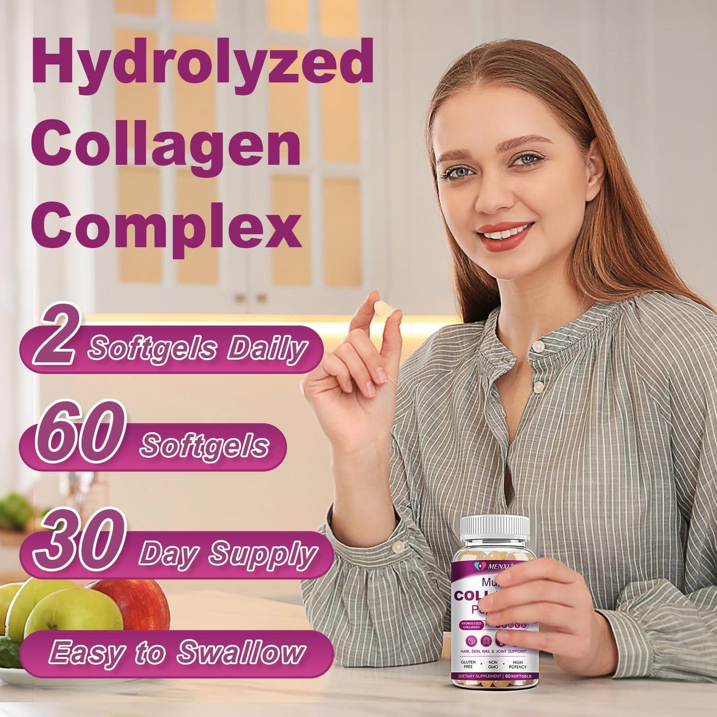 MENXI Multi Collagen Peptides Softgel, 120 Softgels