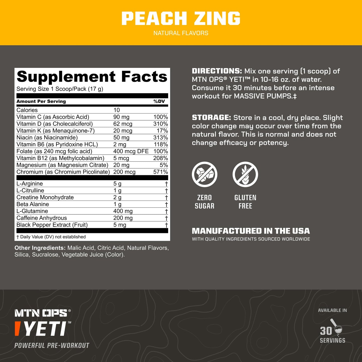 MTN OPS Yeti Pre-Workout Powder with Creatine Peach Zing 17.6