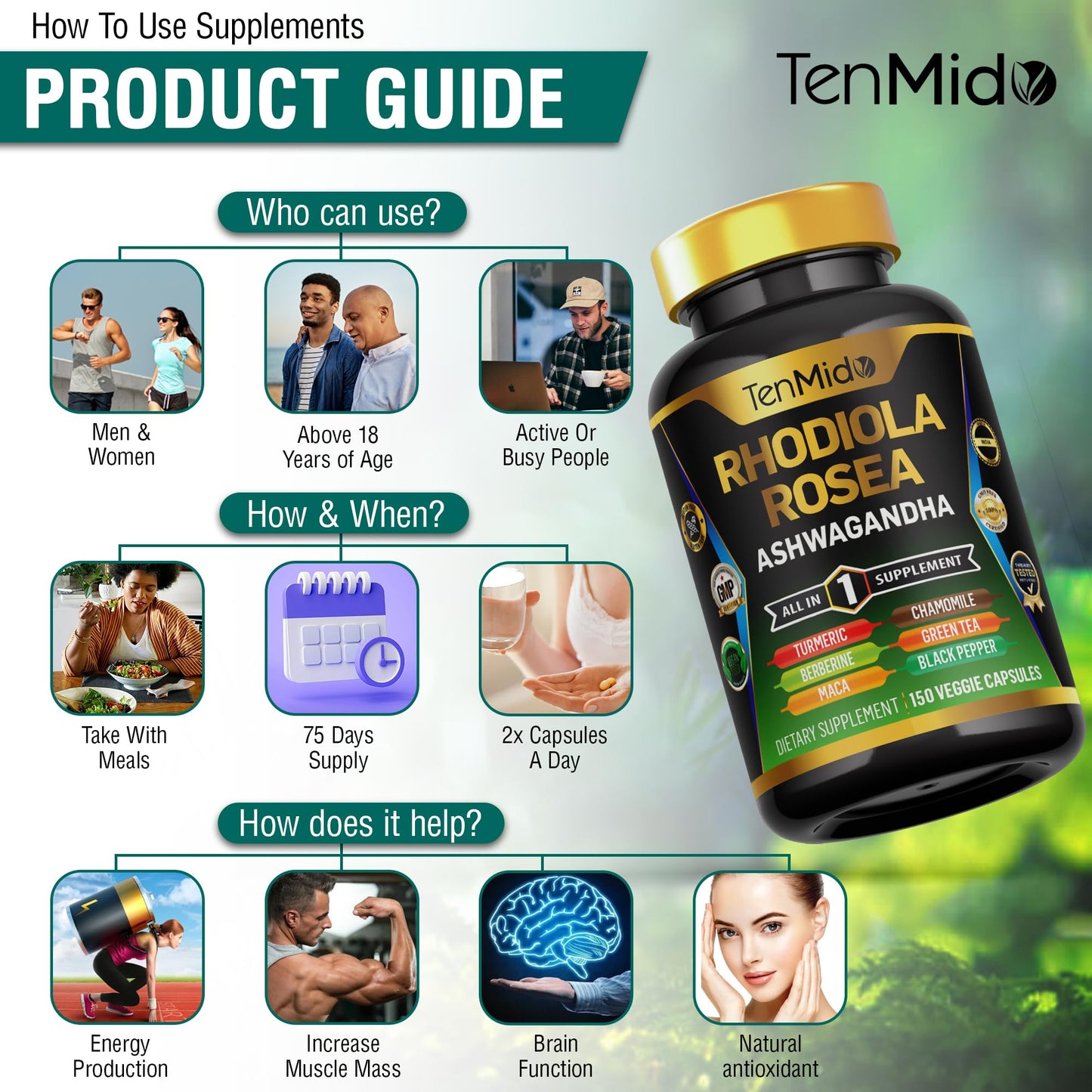 Tenmido Rhodiola Rosea Supplement Capsules, 150 Vegan Capsules