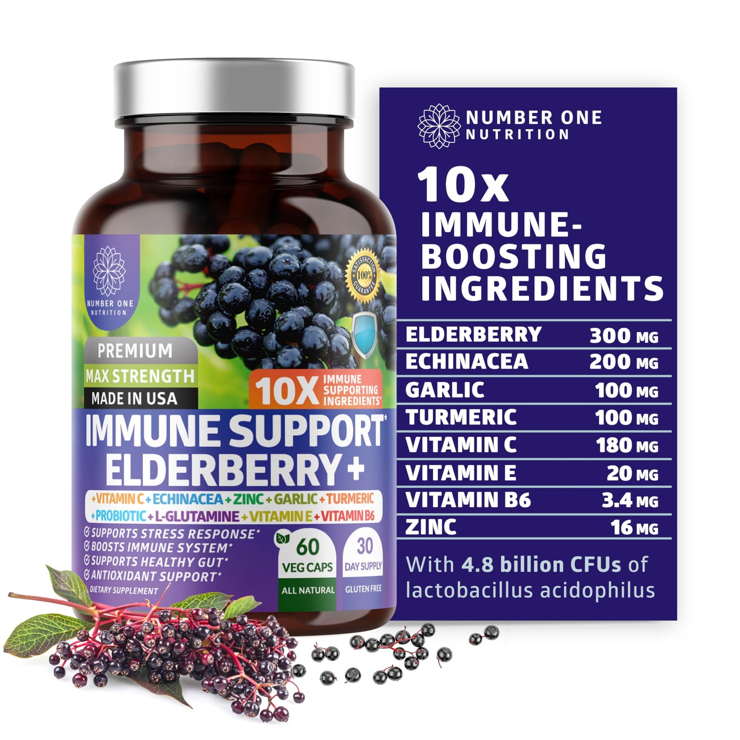 Number One Nutrition Elderberry Immune Support 10-in-1 with Zinc Vitamin C Probiotics Capsules, 60 Capsules