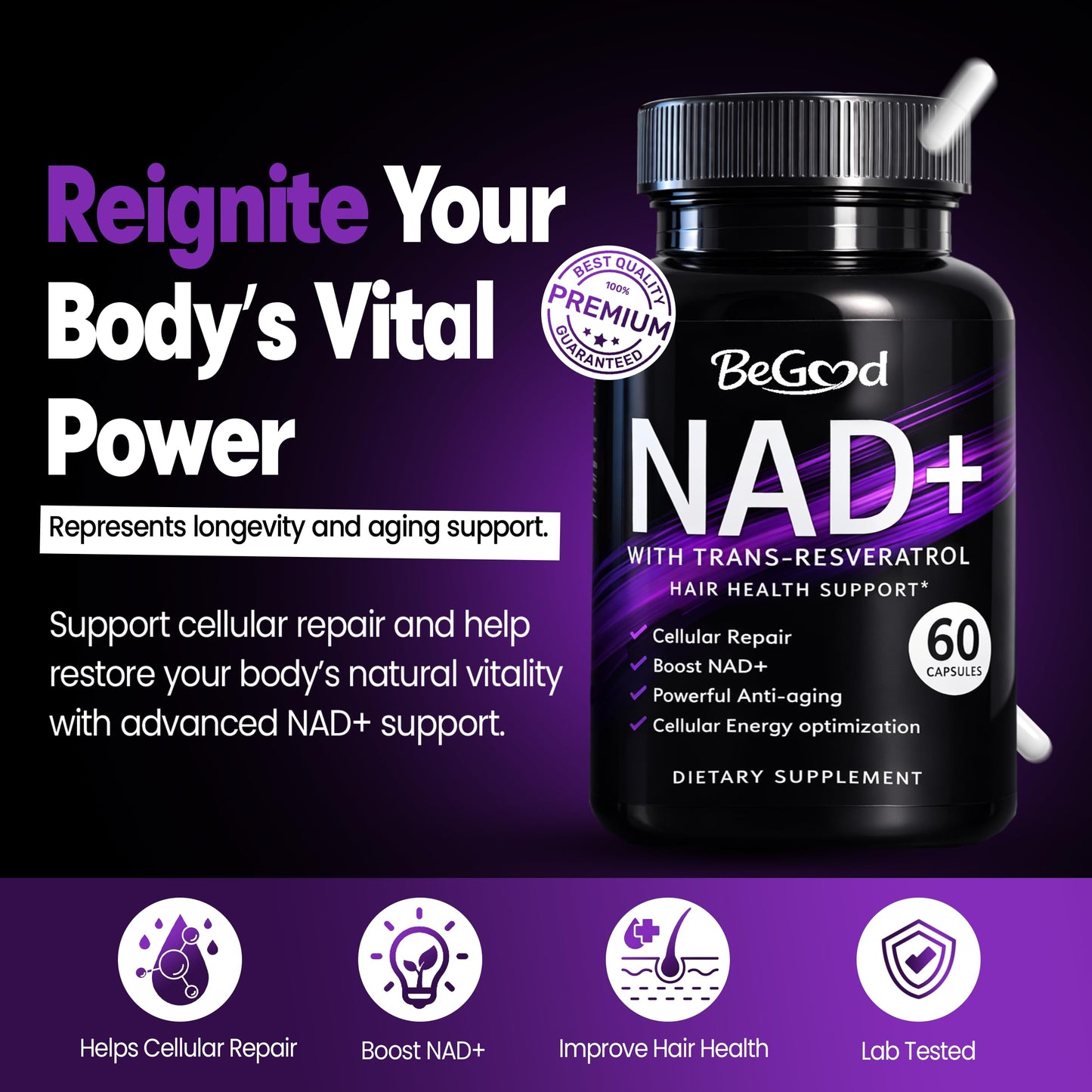 BeGood NAD+ Supplement 300mg with Trans-Resveratrol 200mg, 60 Capsules