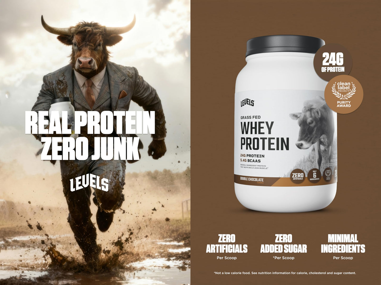 Levels Nutrition Grass Fed Whey Protein Powder, Double Chocolate, 32 Servings