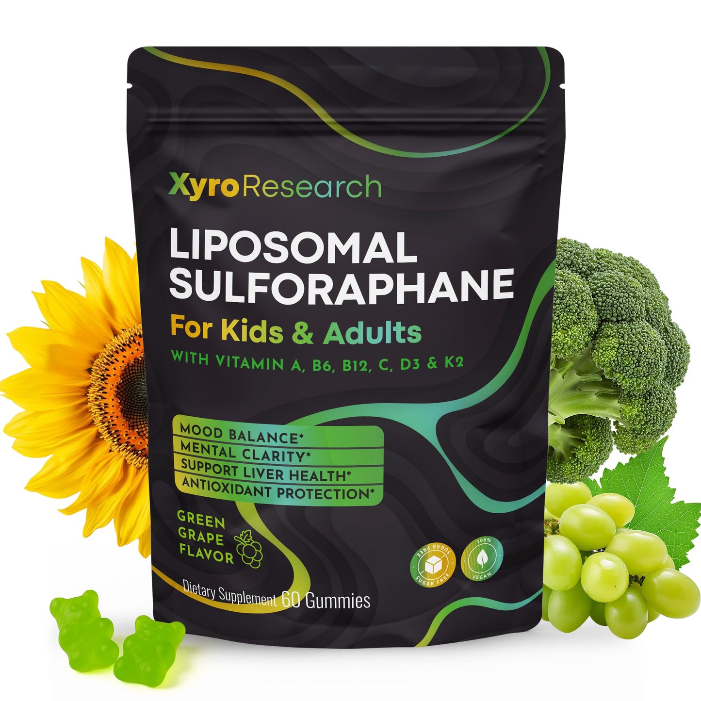 Xyro Research Liposomal Sulforaphane Gummies - 150mg Broccoli Sprout Extract with Vitamins for Kids & Adults - Antioxidant Cellular Health & Liver Detox Support - Non-GMO, Vegan, Sugar-Free, 60 Gummies
