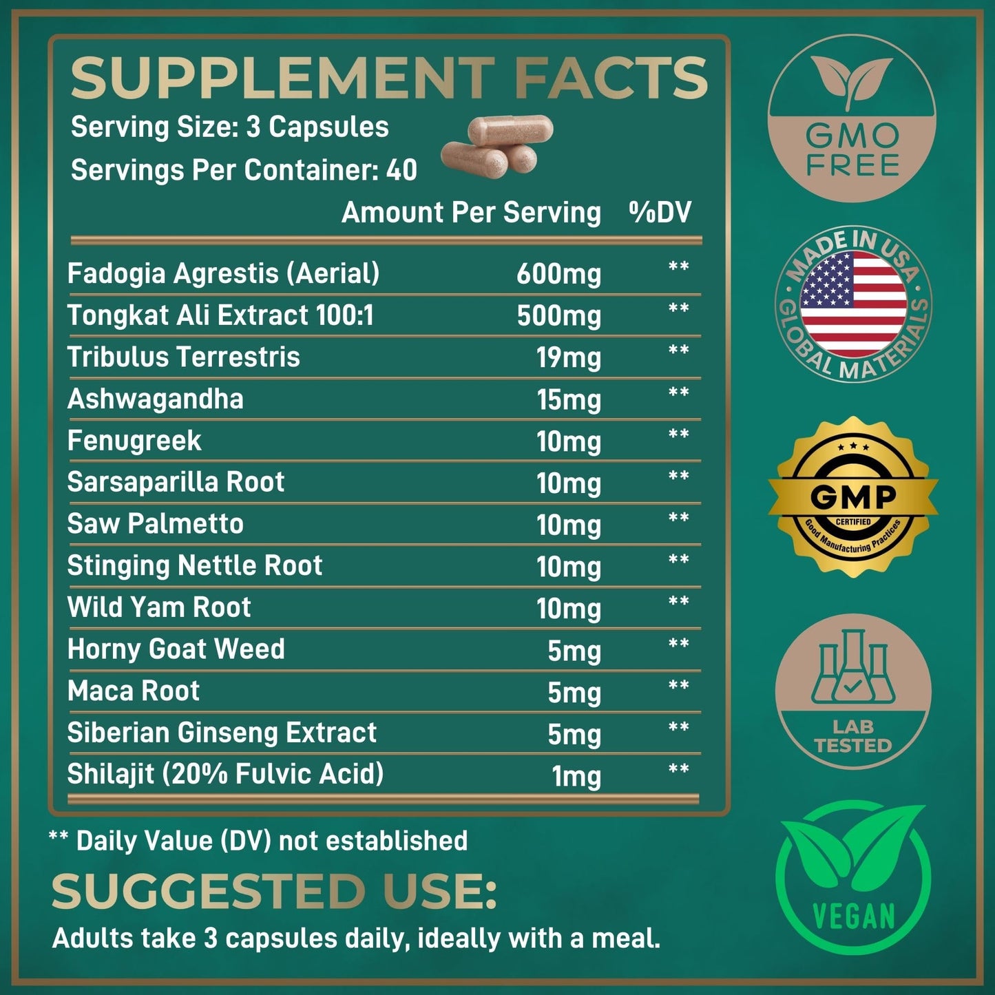 WILD FUEL Fadogia Agrestis Tongkat Ali Supplement Capsule 120 Capsules
