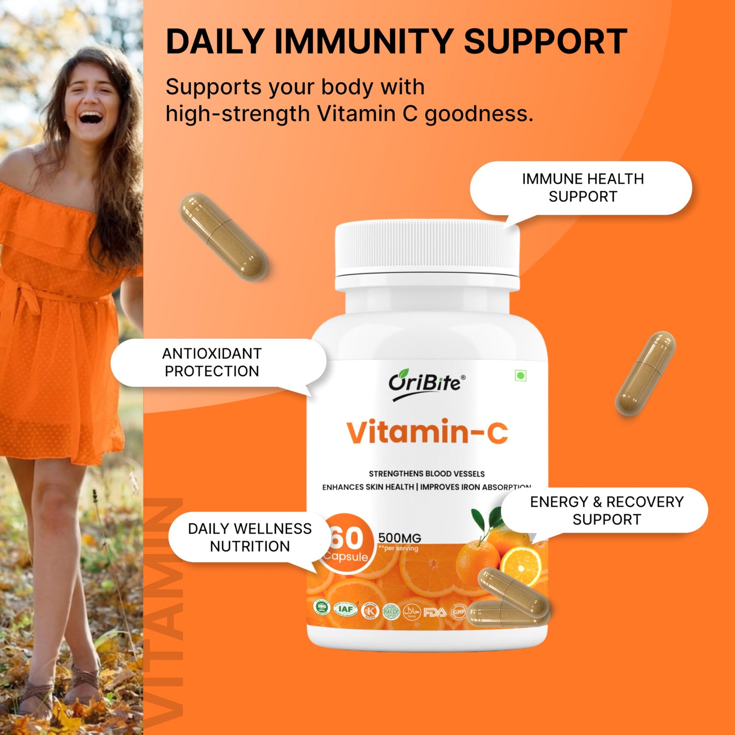 ORIBITE Vitamin C 500mg with Amla, Rose Hip & Acerola Cherry – Supports Immune & Antioxidant Health, Enhances Skin, Boosts Energy & Iron Absorption – 60 Vegetarian Capsules