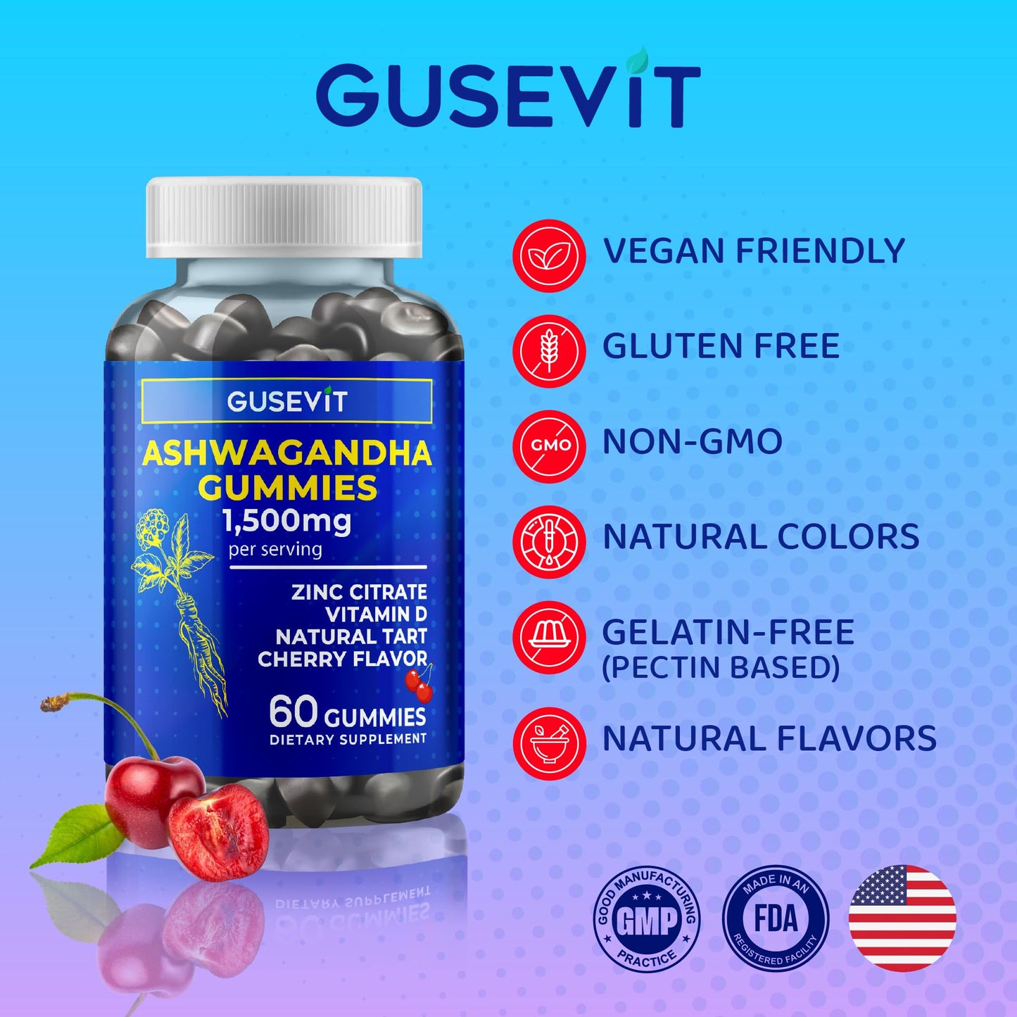 Gusevit Ashwagandha Gummies 1500mg with Vitamin D & Zinc, 60 Count