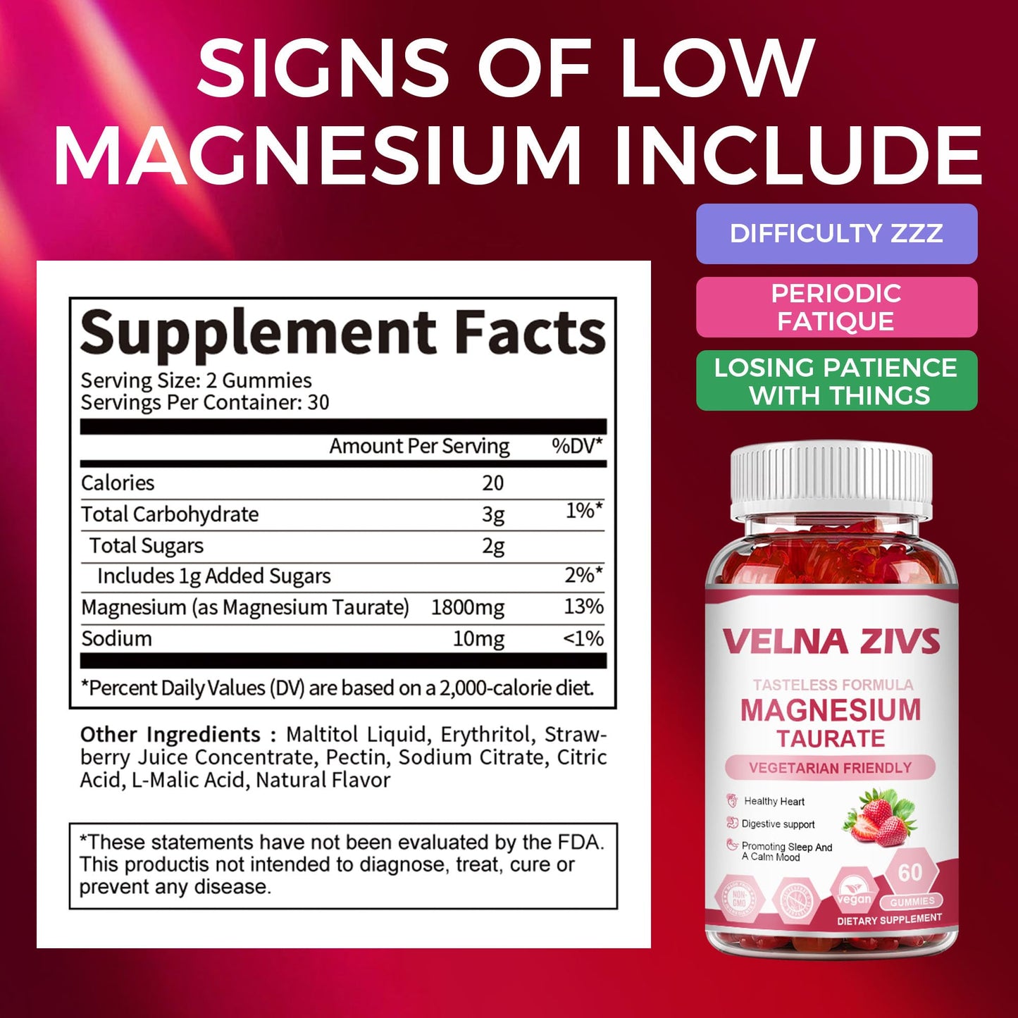 Velna zivs Magnesium Taurate Gummies 1800mg, 60 Count