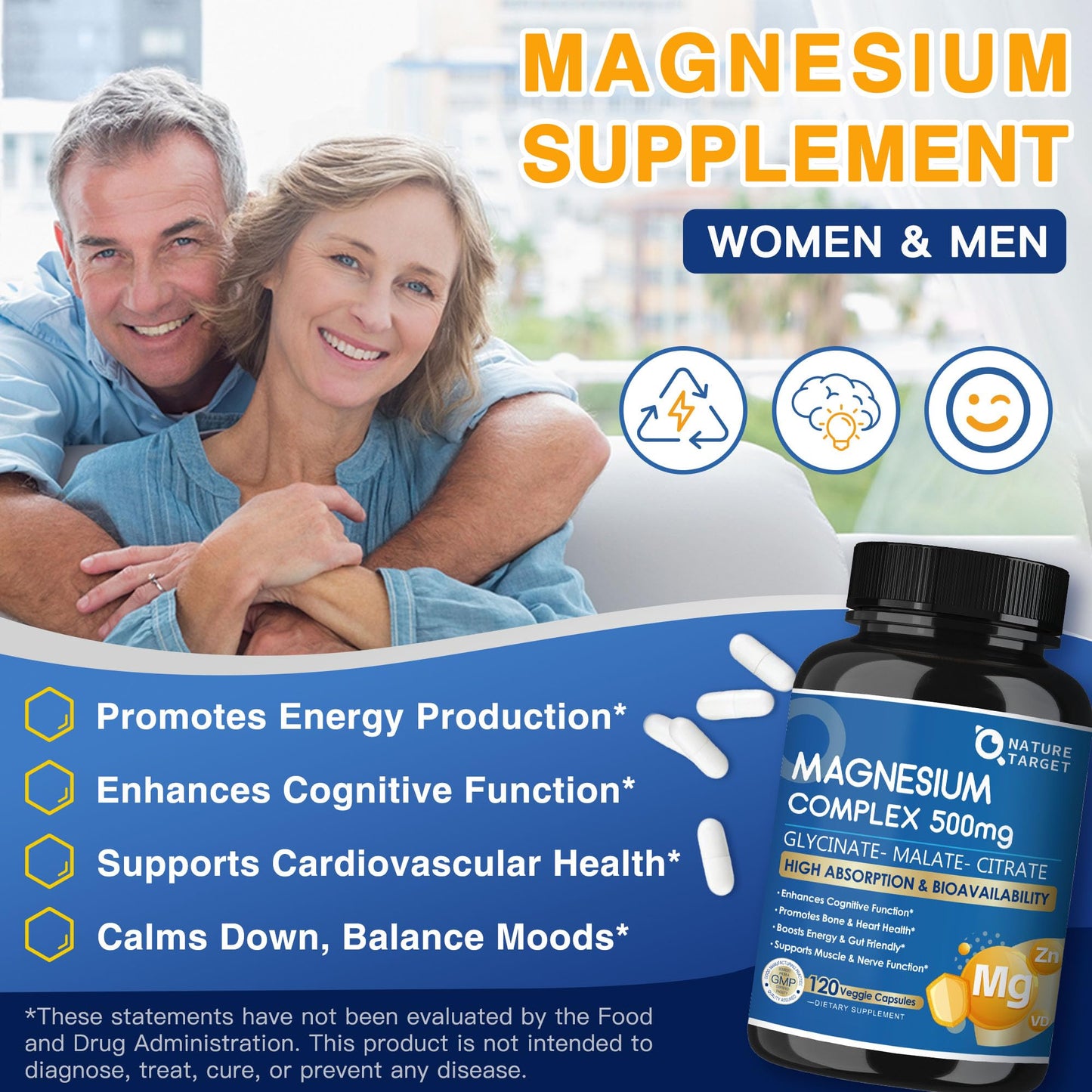 NATURE TARGET Magnesium Complex 500mg, Magnesium Glycinate, Malate & Citrate - Chelated Triple Magnesium with Zinc & Vitamin D3 for Muscle, Nerve, Bone & Immune Support, Vegan, 120 Capsules
