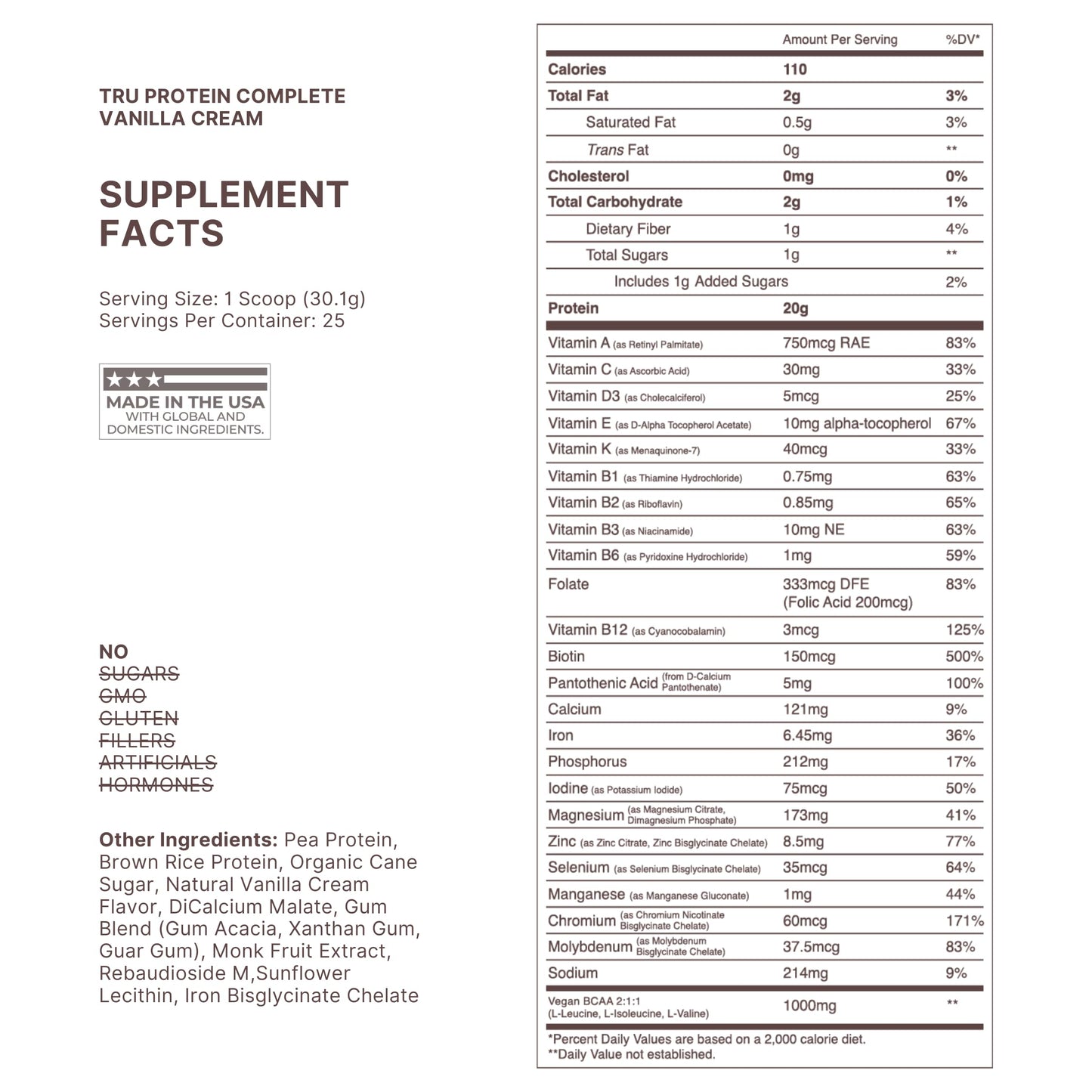 TRU Supplements Plant Based Protein Powder, 25 Servings, Vanilla Cream