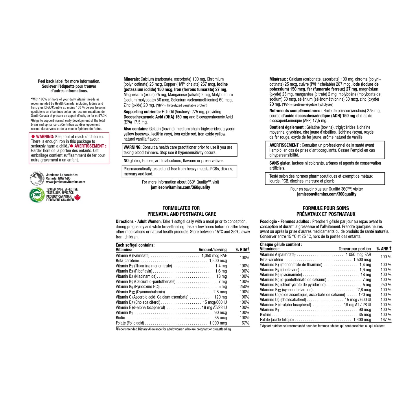 Jamieson Laboratories PRENATAL Complete Multivitamin with DHA Supplement Softgels 60