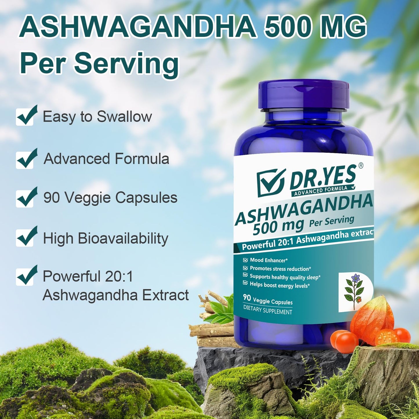 DR YES Ashwagandha 500mg Capsules with Organic Black Pepper, 90 Capsules