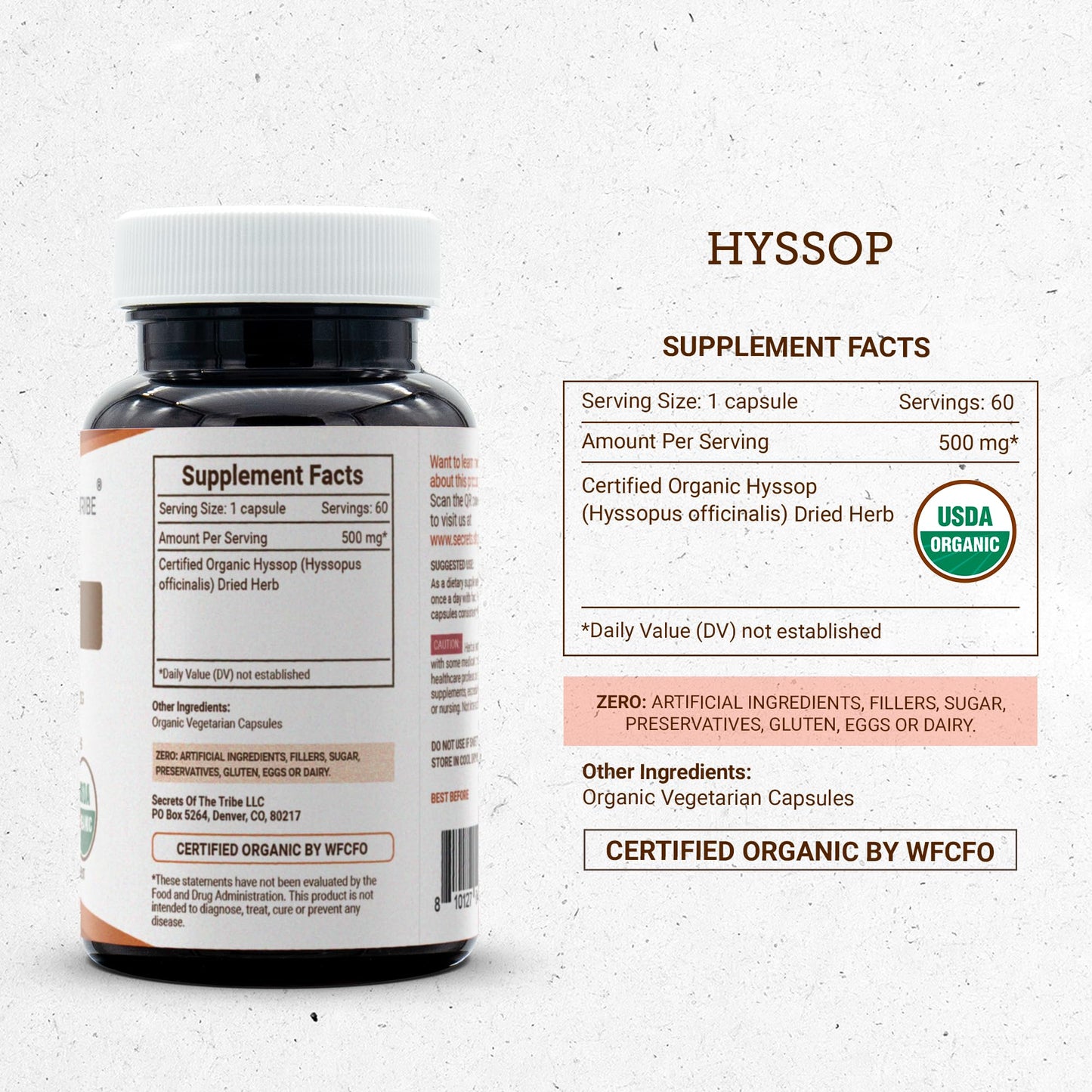 Secrets of the Tribe Organic Hyssop 500 mg Vegetable Capsules, 60 Count