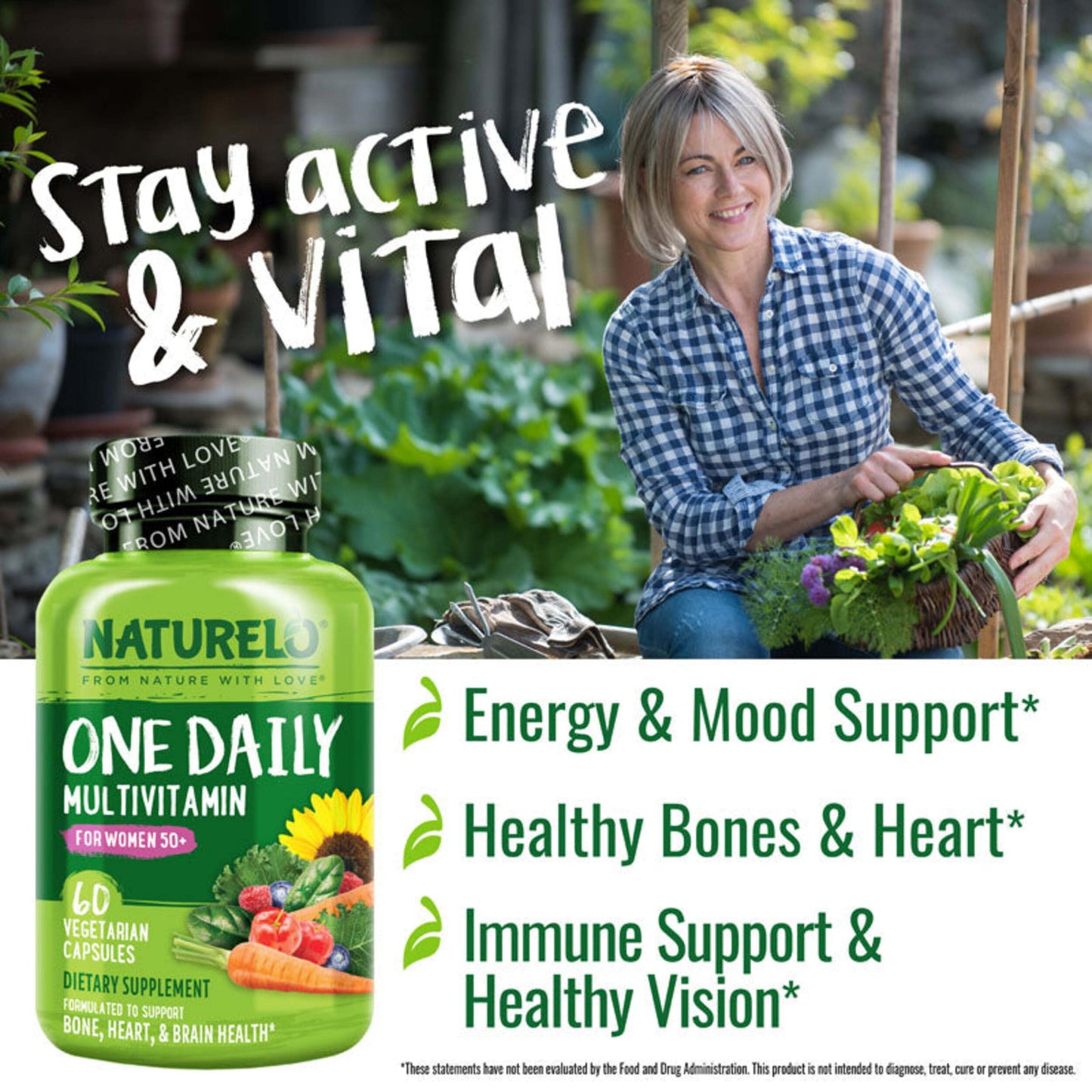 NATURELO One Daily Multivitamin for Women 50+ with Vitamin B12 Capsules, 60 Count