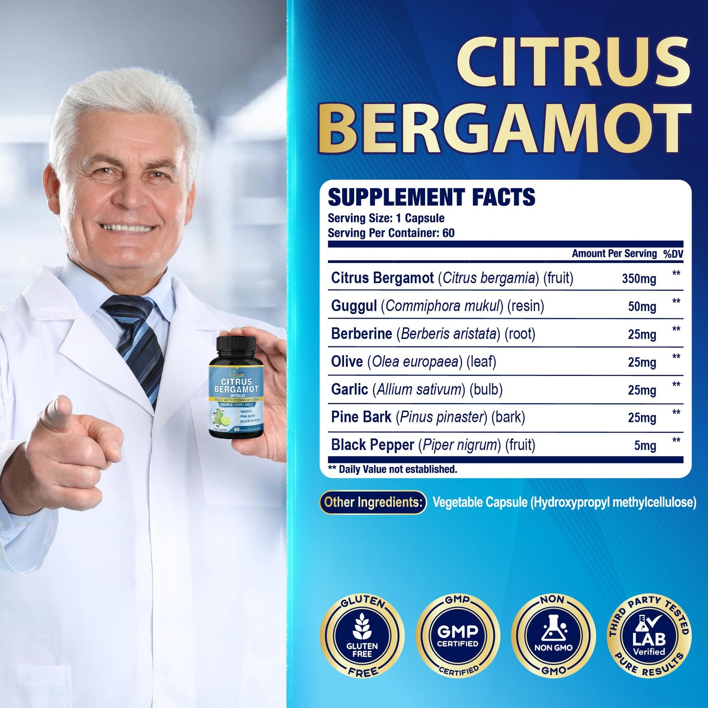 Organic Cadane Citrus Bergamot Extract Capsules with Berberine, Olive, Guggul, Garlic, Pine Bark, Black Pepper - 120 Capsules