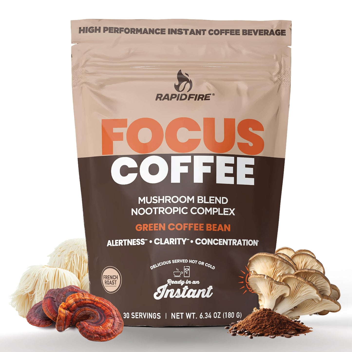 Rapid Fire Focus Coffee Mushroom Blend Nootropic Complex Coffee Powder 6.34 Ounce