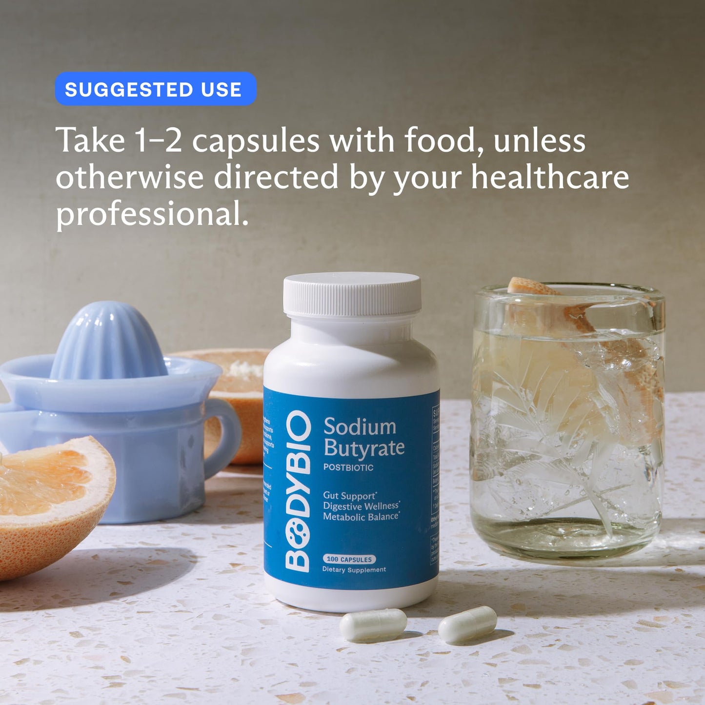 BodyBio Butyrate Postbiotic for Gut Health, Digestive Support - Leaky Gut Repair 60 Capsules