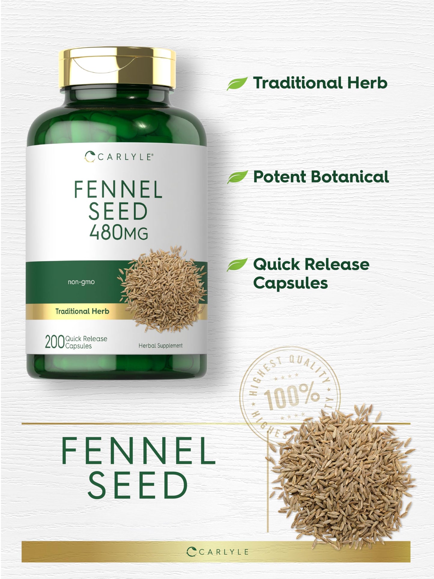 Carlyle Fennel Seed 480mg Capsules, 200 Count