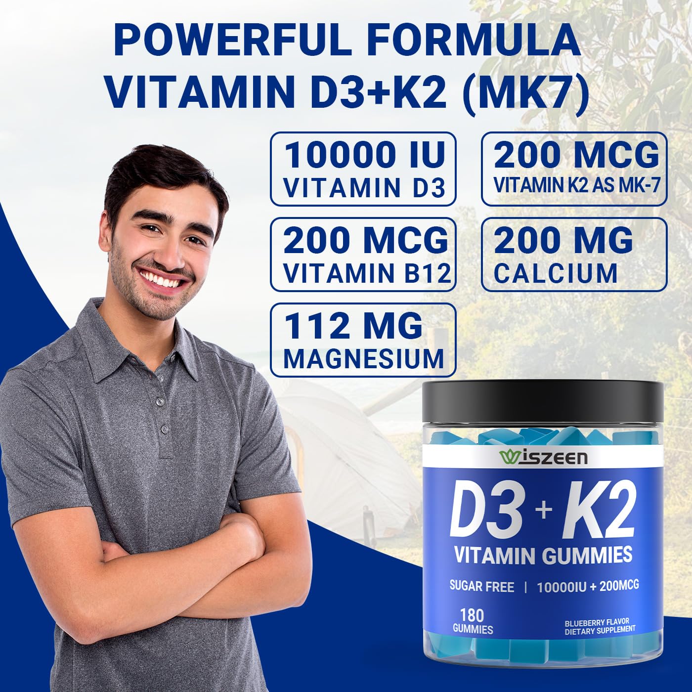 Wiszeen Vitamin D3 K2 Gummies, Vitamin D3 10000 IU & Vitamin K2 (MK-7) 200 mcg, 180 Count