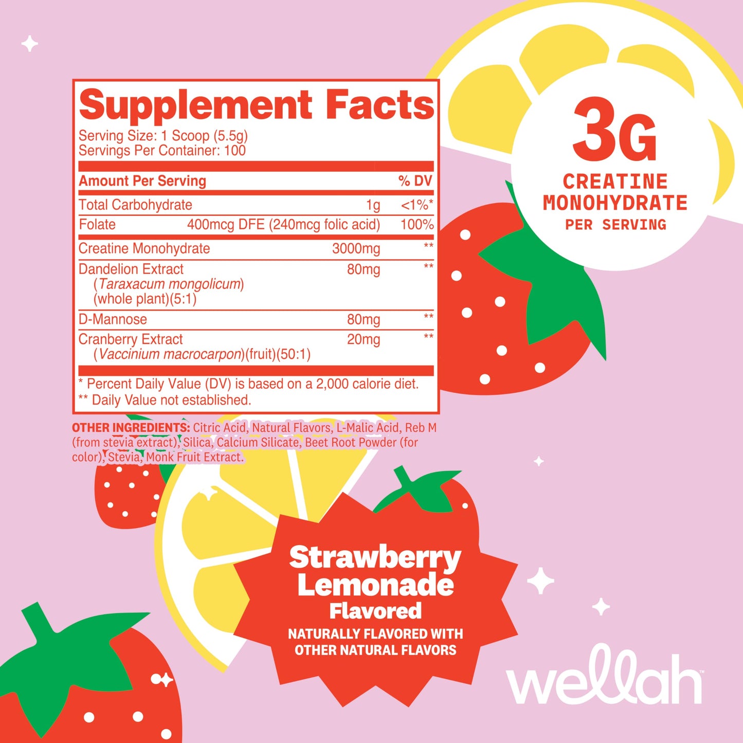 Wellah Creatine for Women - Creatine Monohydrate with Dandelion & Cranberry Extract, Powder, 100 Servings