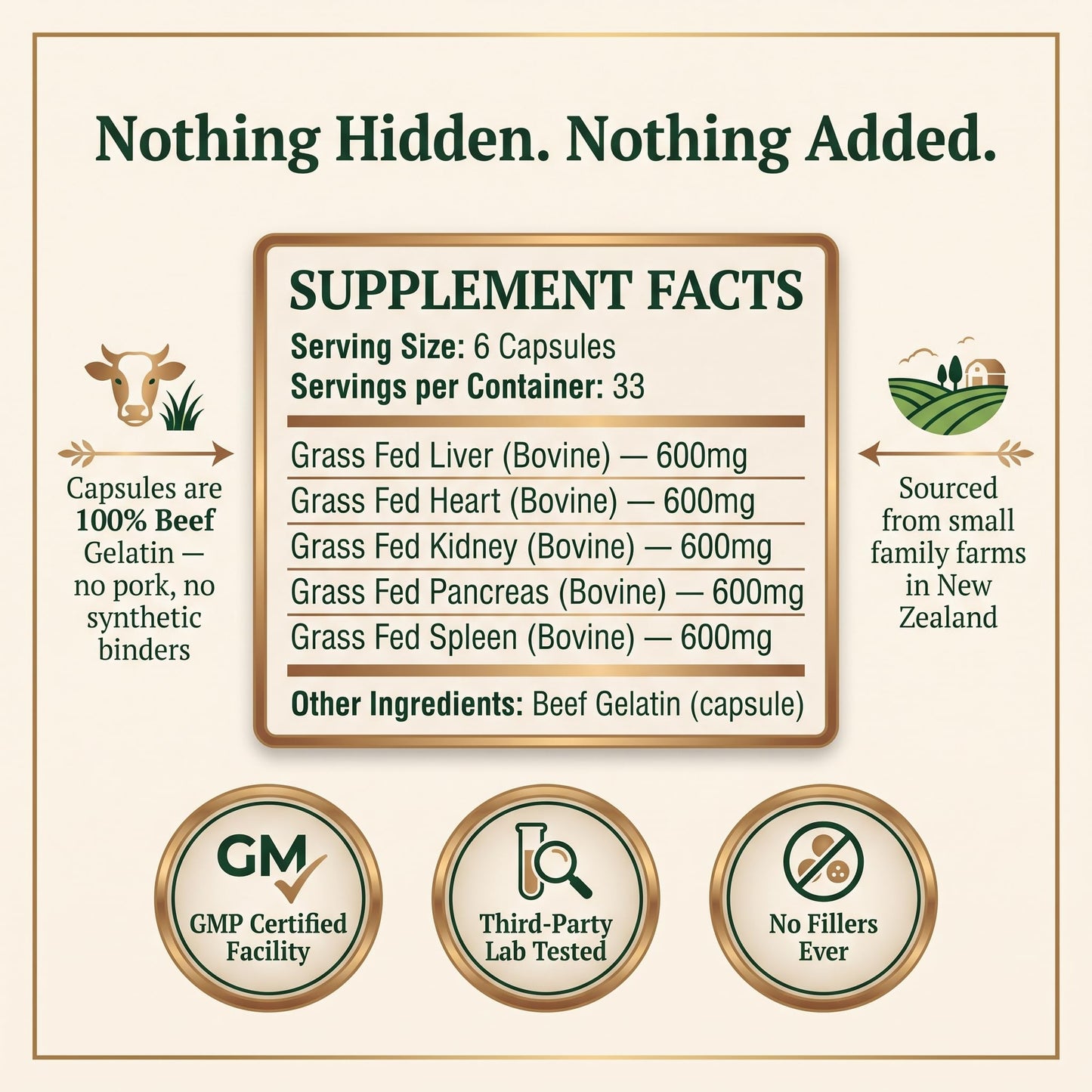 One Earth Health New Zealand 100% Grass-Fed Beef Organs Organ Meat Complex Capsules, 200 Count