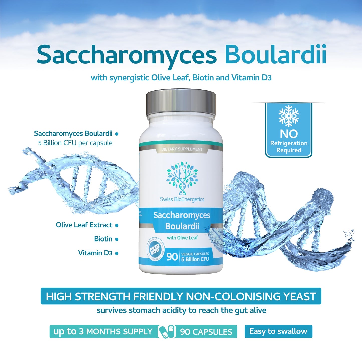 Swiss BioEnergetics Saccharomyces boulardii 5 Billion CFU Capsules, 90 Count