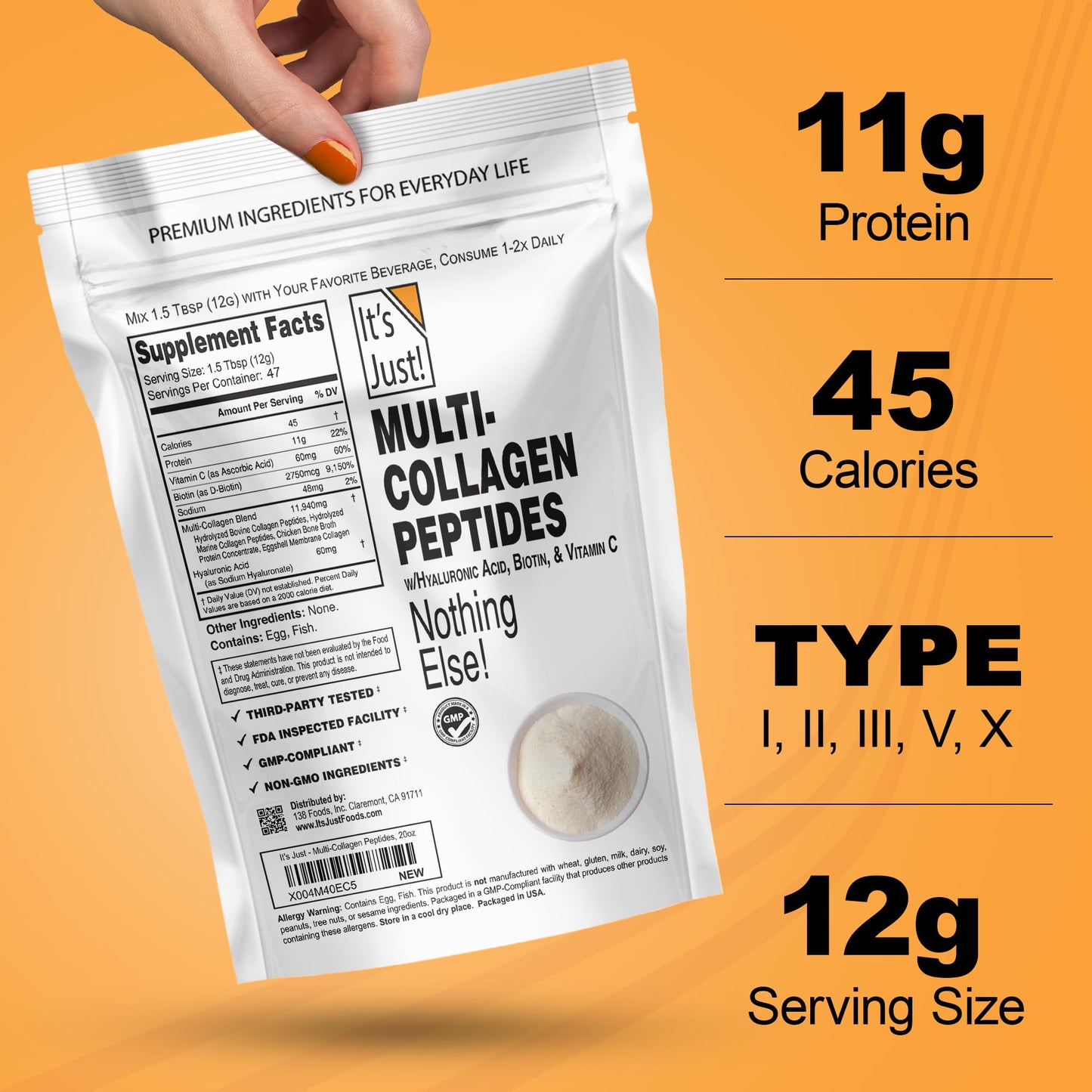 It's Just! Multi Collagen Peptides (Types I, II, III, V, X) with Vitamin C, Biotin, Hyaluronic Acid, Unflavored, No Added Flavor, Gluten Free, Non-GMO, Tested for Heavy Metals, Powder, 20 oz
