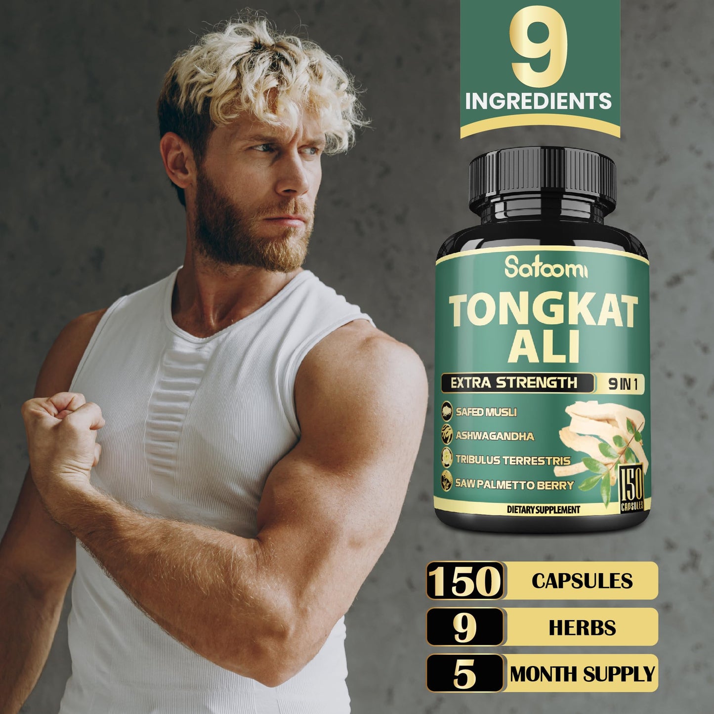 Satoomi 9in1 Tongkat Ali Root Extract 200:1 - Ashwagandha, Tribulus Terrestris, 150 Capsules