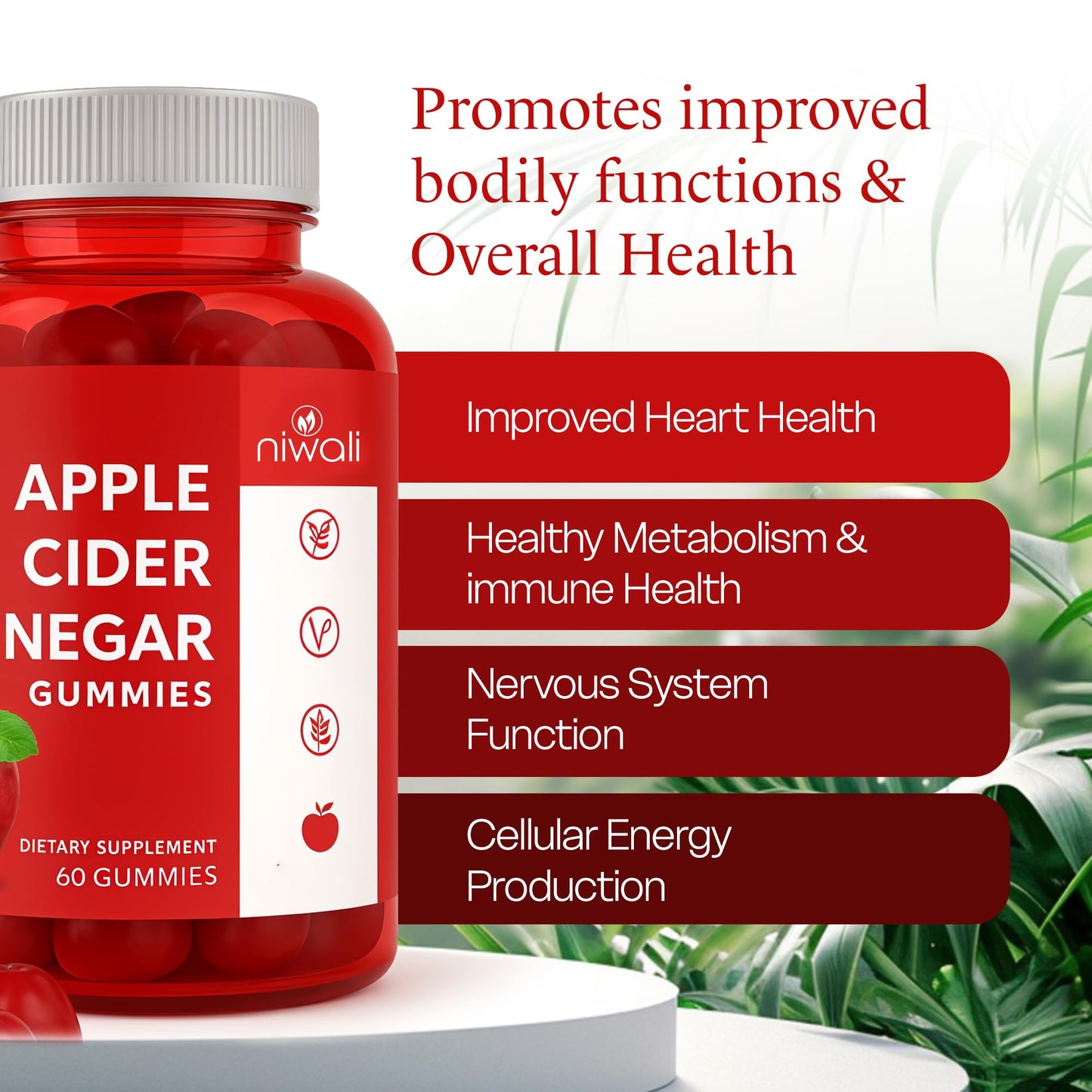 NIWALI Apple Cider Vinegar ACV Gummies Chewable 60 Count