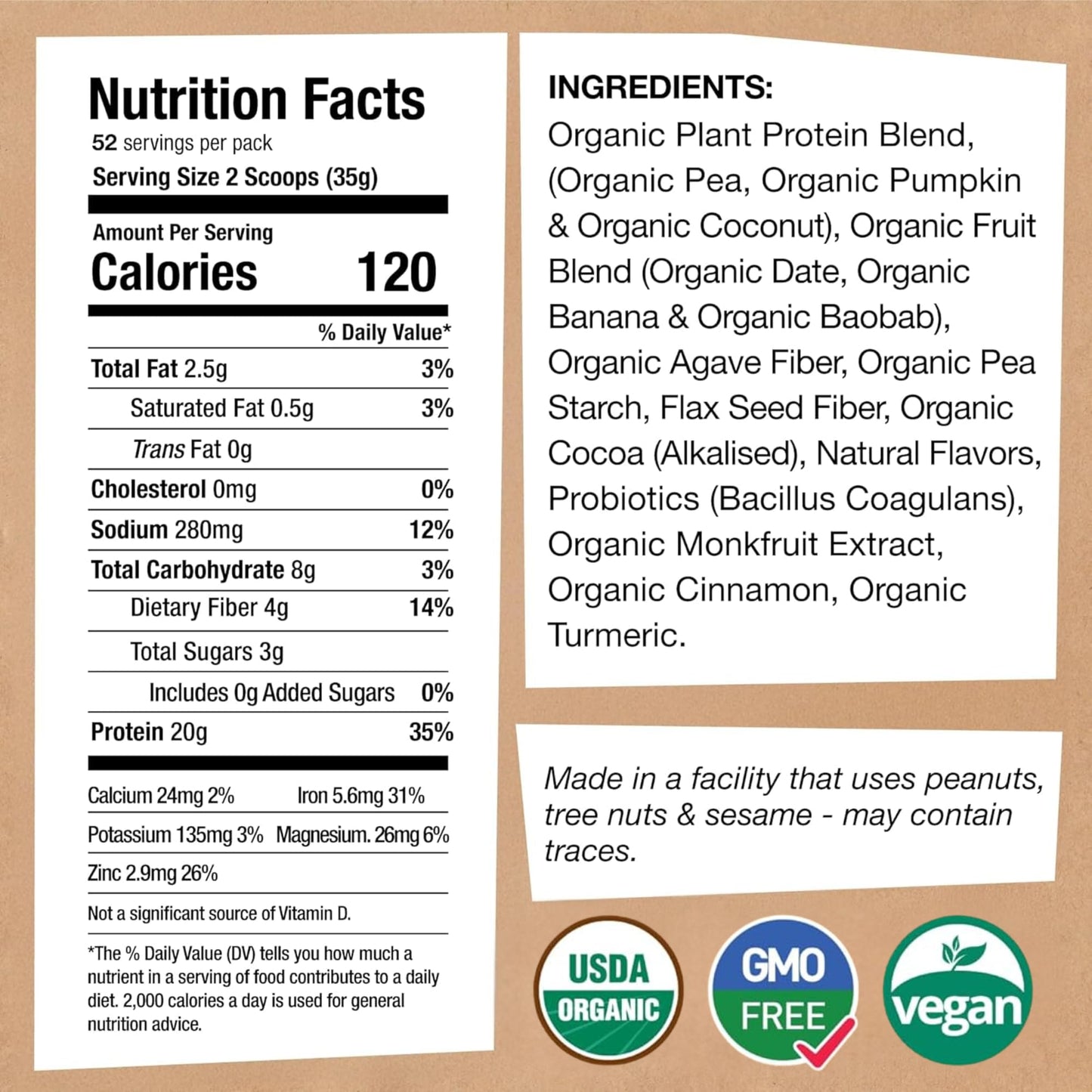 EarthChimp Organic Vegan Protein Powder with Probiotics, 64 oz, 52 Servings